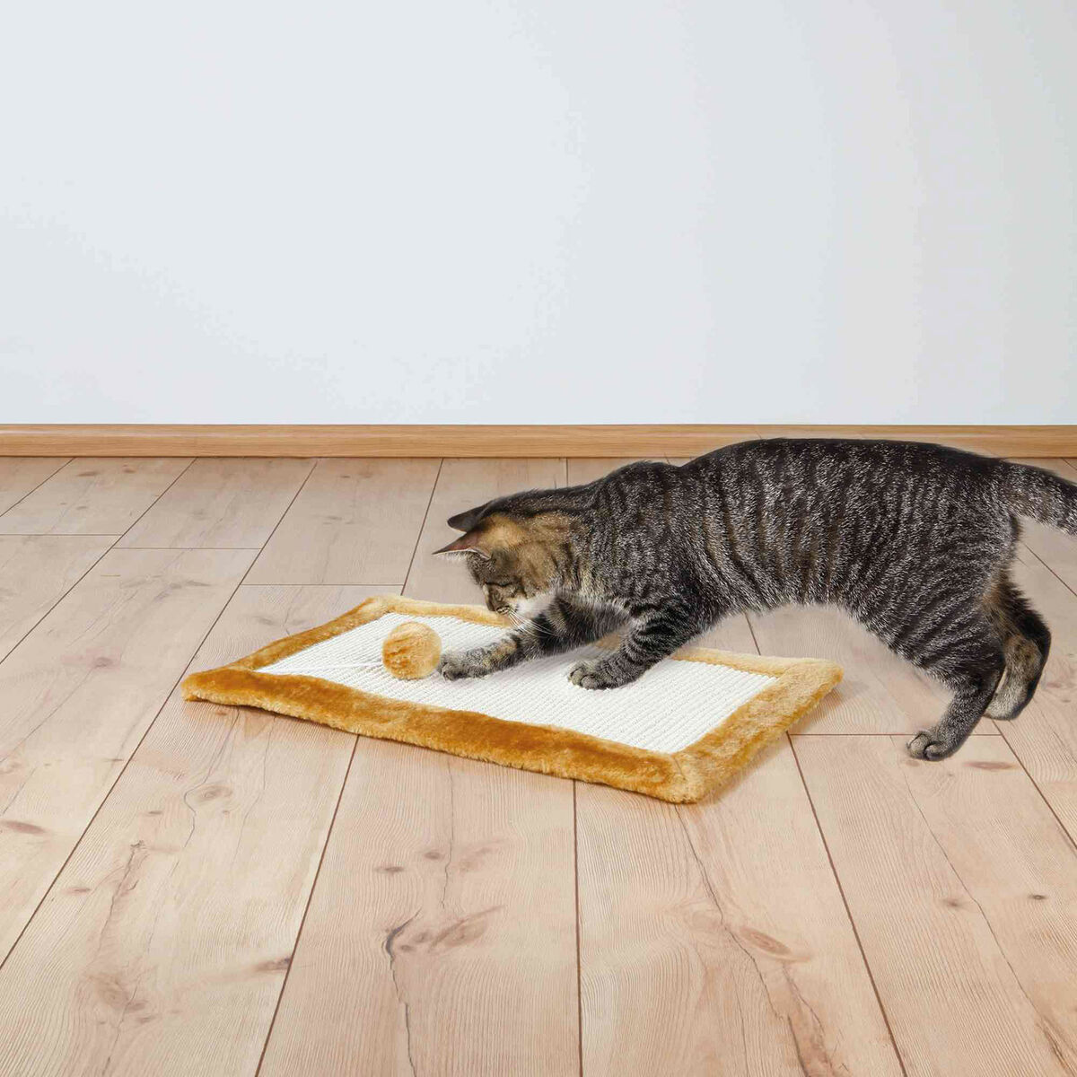 Un gatto tigrato gioca con un giocattolo su un tappetino. Il tappetino è su un pavimento in legno. Lo sfondo è una parete bianca e una cornice di legno.