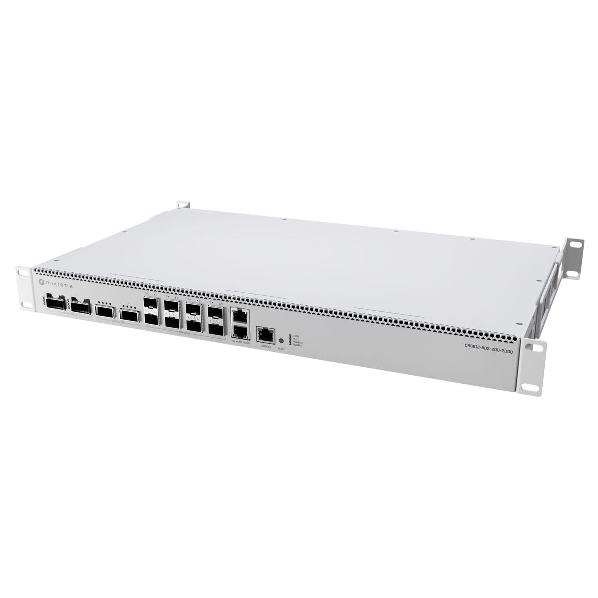 Un dispositivo di rete Mikrotik CRS812-BDS-20D-2000 bianco. Ha diverse porte, luci e staffe per montaggio rack. Lo sfondo è bianco.