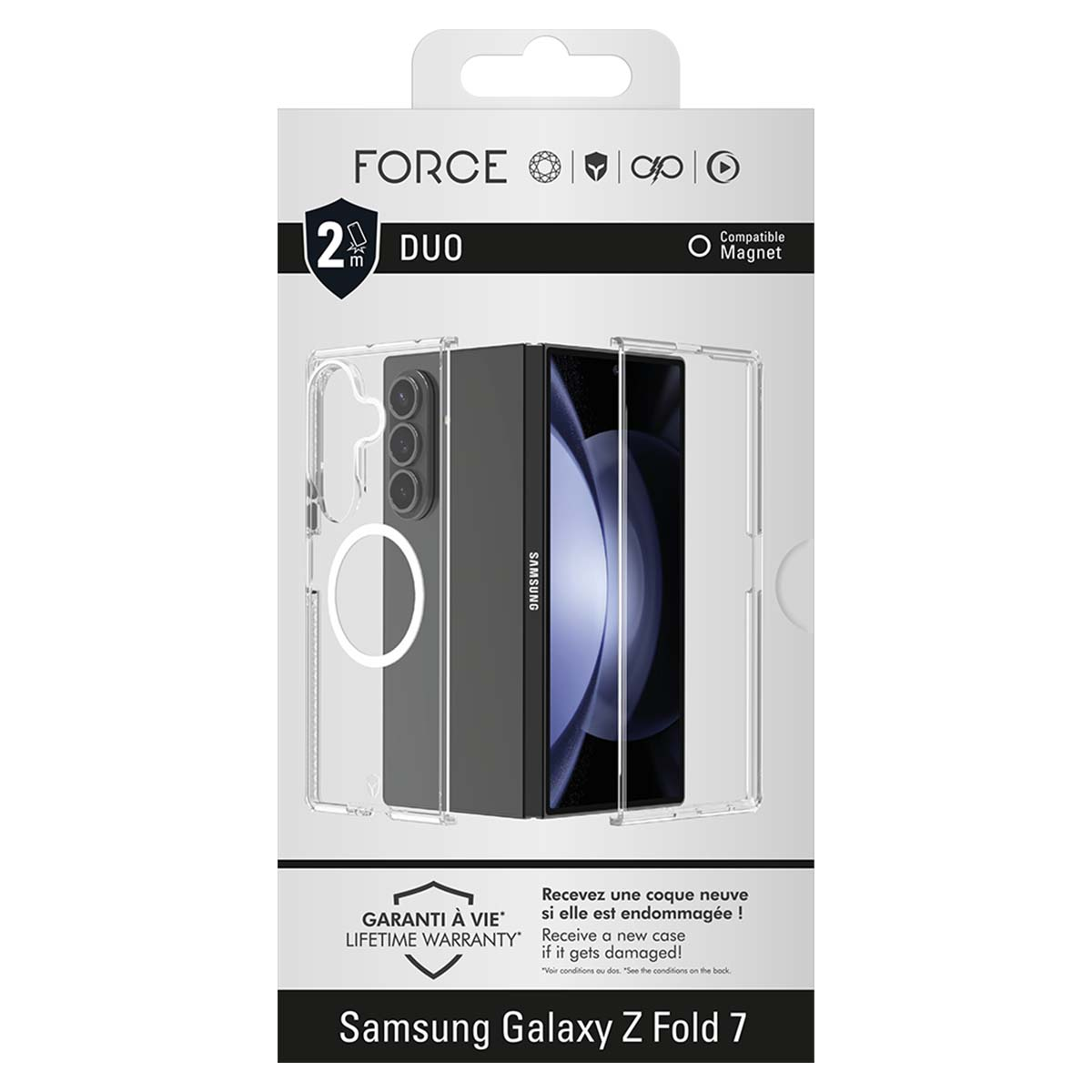 Una custodia per telefono per Samsung Galaxy Z Fold 7. La confezione contiene il telefono e la custodia. Mostra le parole 'FORCE' e 'DUO'.
