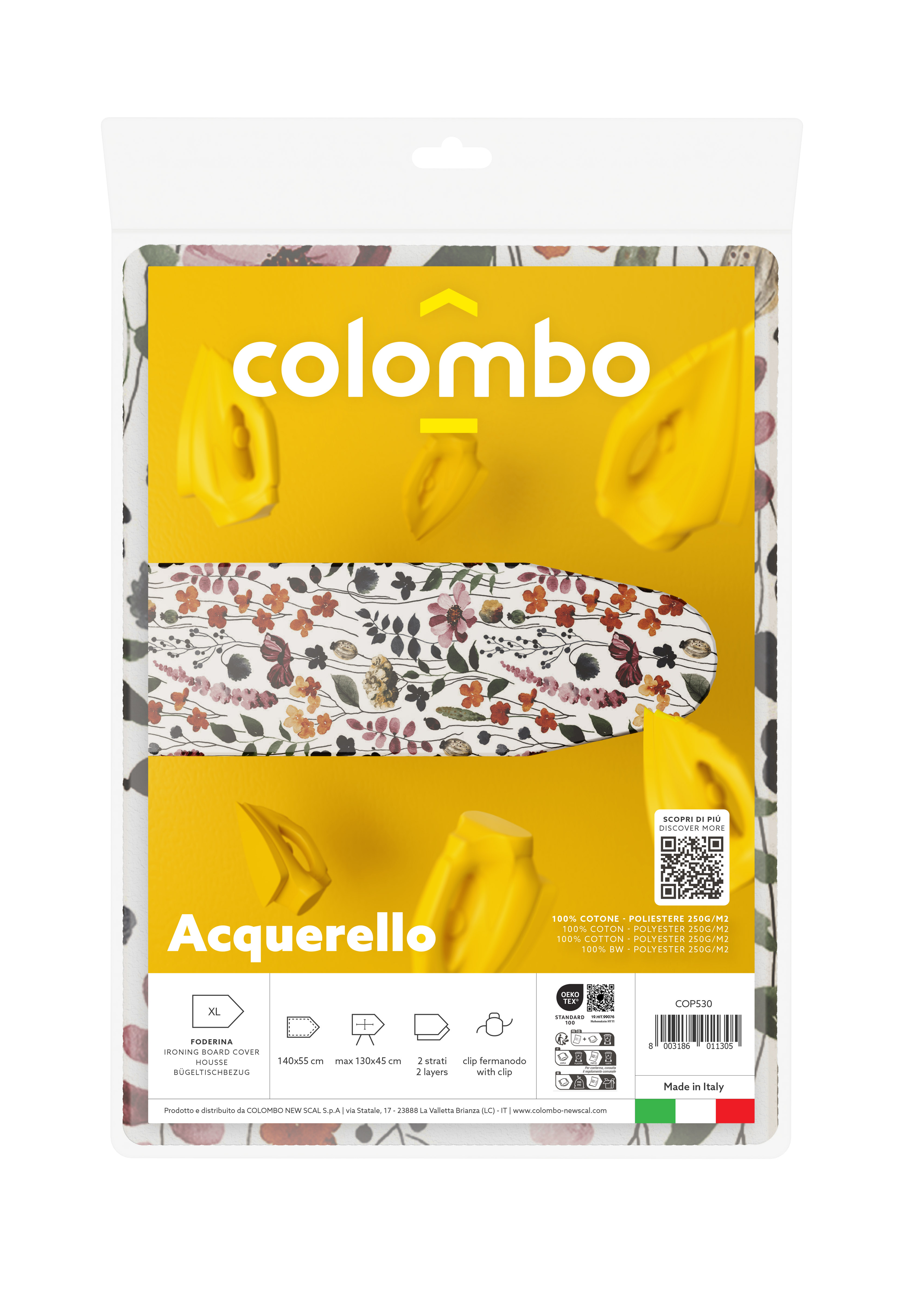 Bügelbrettbezug mit Blumenmuster und dem Markennamen Colombo. Gelbe Elemente und Text auf der Verpackung.
