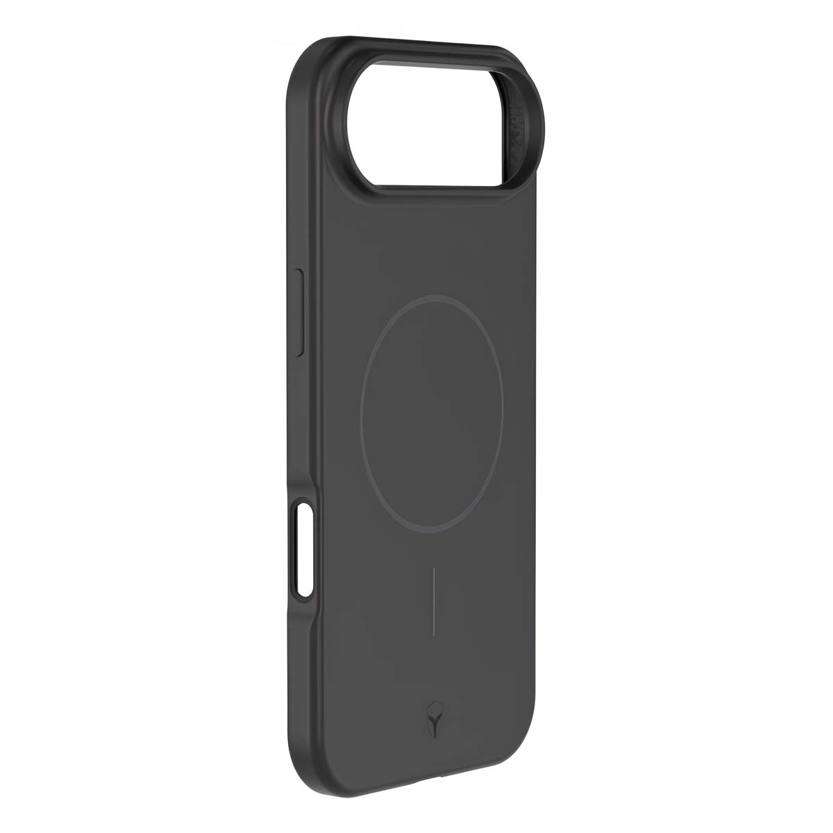 Se muestra una funda de teléfono gris oscuro. Tiene un recorte para la cámara, un diseño circular y un perfil delgado. El fondo es blanco.