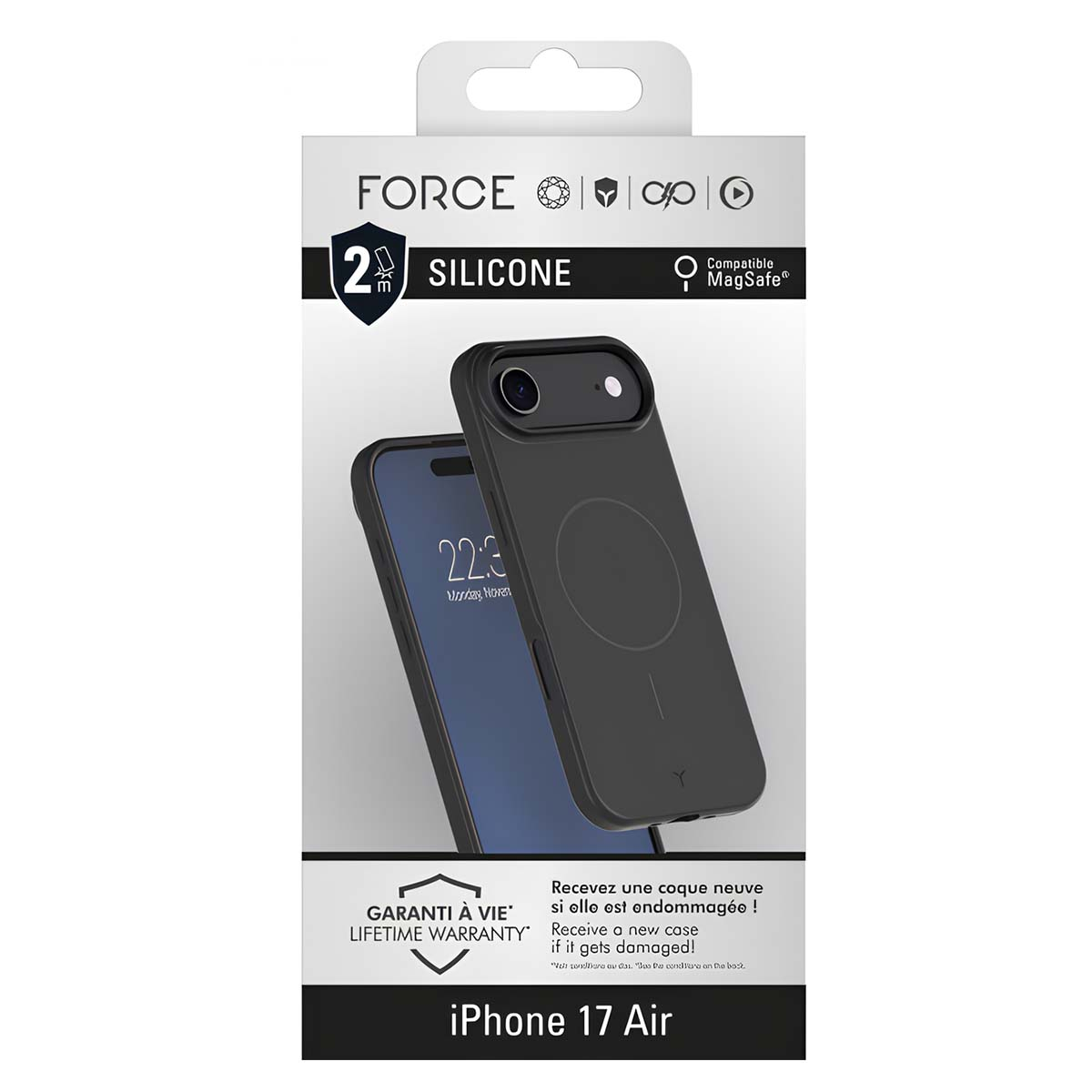 Funda negra para iPhone 17 Air sobre fondo blanco. El teléfono muestra la hora. El texto incluye "FORCE", "SILICONE" y "MagSafe".
