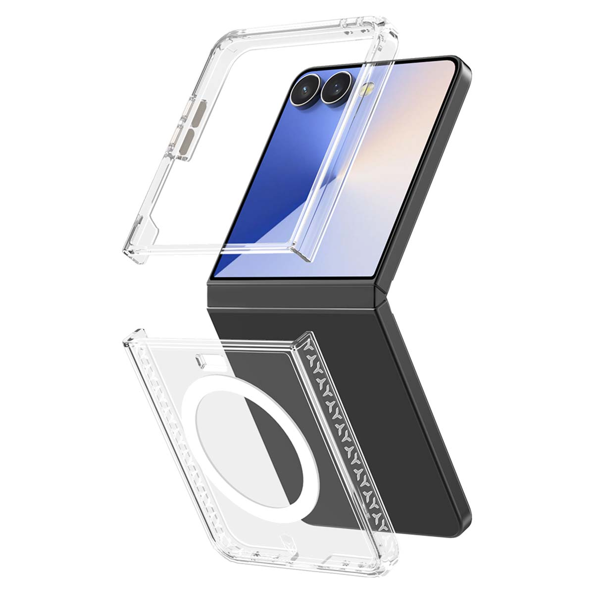 Ein Telefon in einer Hülle. Das Telefon ist schwarz und blau. Die Hülle ist transparent. Die Hülle besteht aus drei Teilen, zwei oben und einer unten.