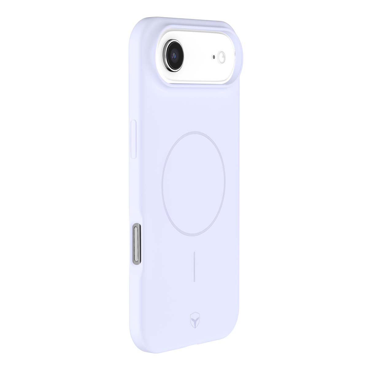 Una custodia per telefono viola chiaro con un ritaglio per la fotocamera. Ha un design circolare sul retro e un piccolo pulsante laterale.