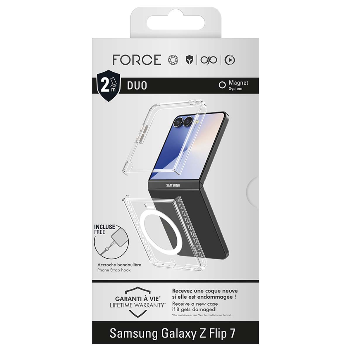 Eine Handyhülle-Verpackung. Sie zeigt ein Samsung Galaxy Z Flip 7-Telefon in einer transparenten Hülle. Text enthält 'FORCE', 'DUO' und 'LIFETIME WARRANTY'.