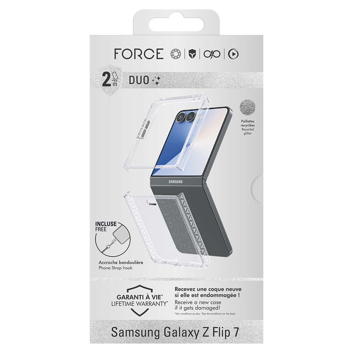 Una custodia per Samsung Galaxy Z Flip 7. Custodia trasparente con glitter riciclati, gancio per cinturino e garanzia a vita.