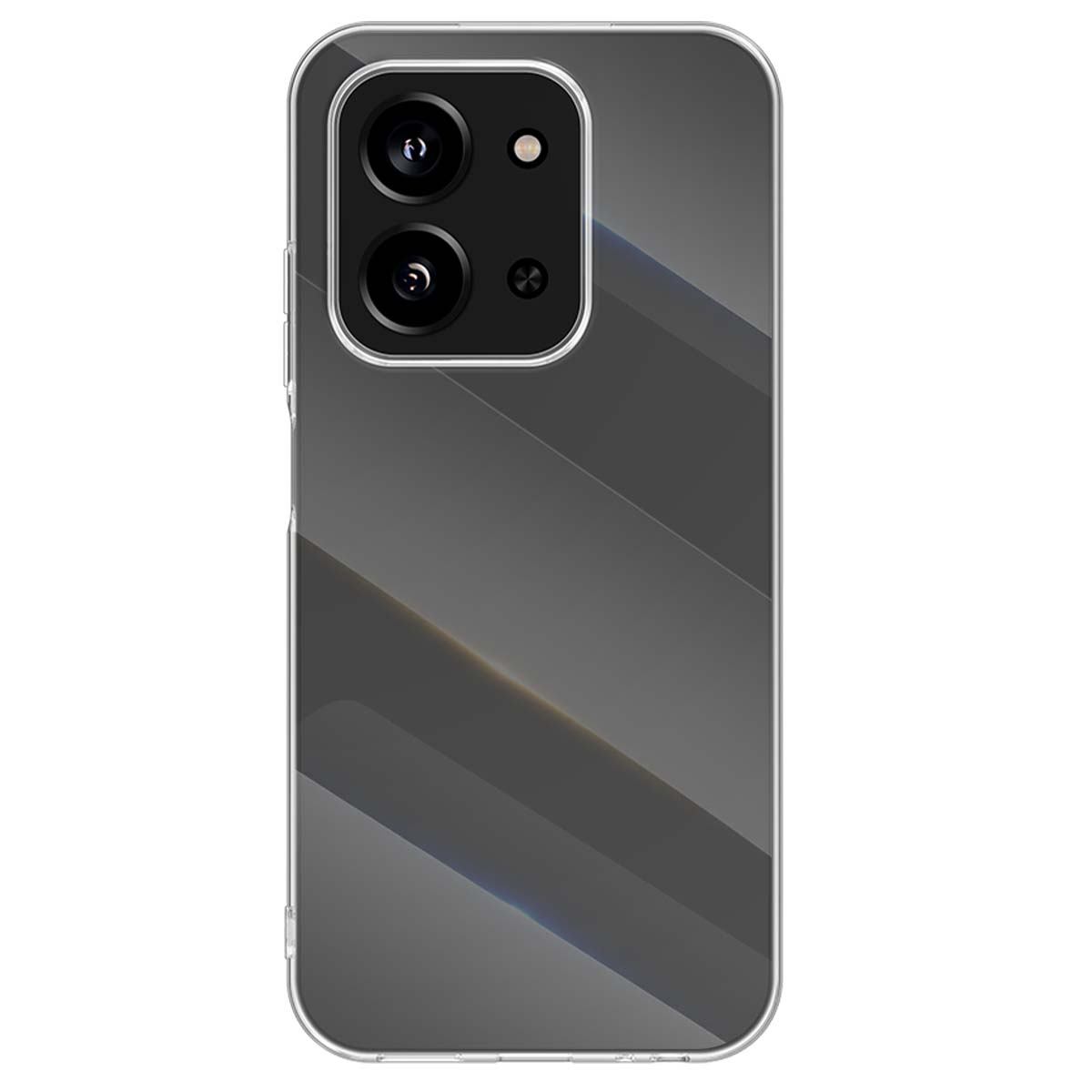 Una custodia trasparente per telefono con un design a gradiente grigio. Sono visibili due obiettivi e un flash.