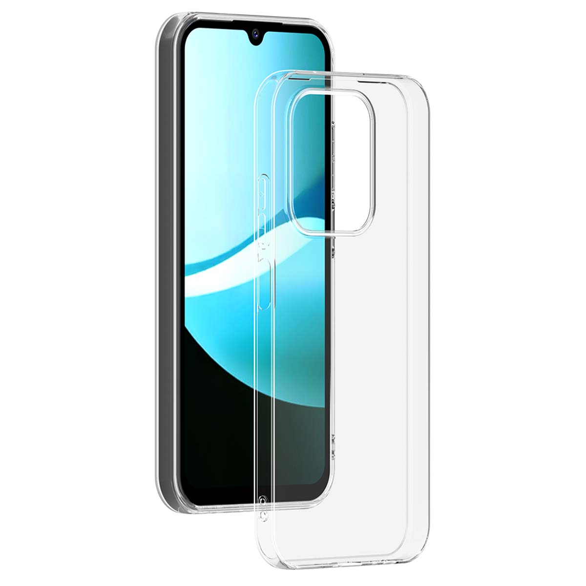 Uno smartphone in una custodia trasparente. Lo schermo mostra un design blu e bianco. La custodia è a destra.