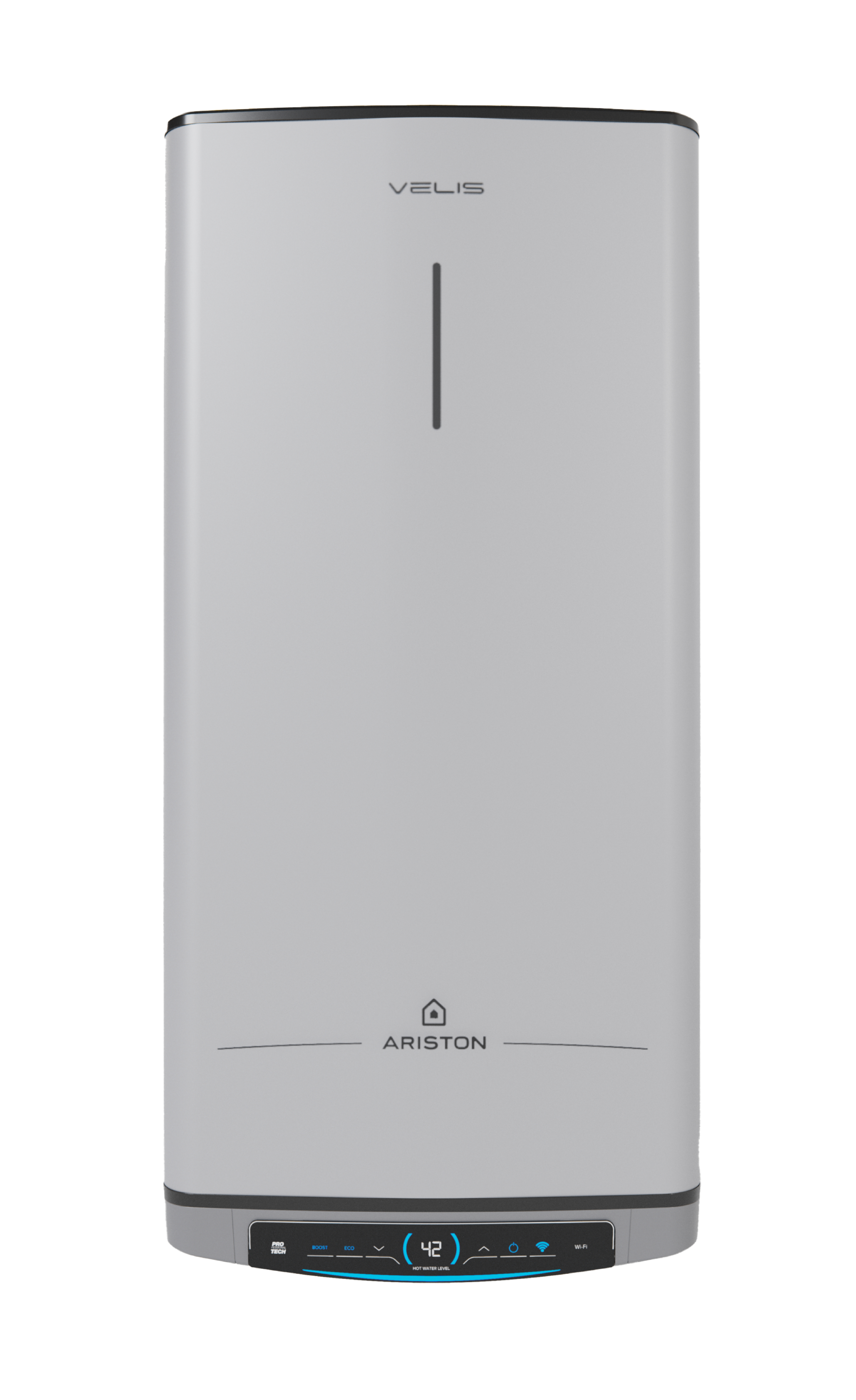 Uno scaldabagno Ariston bianco. Ha un display digitale, pulsanti e il marchio.