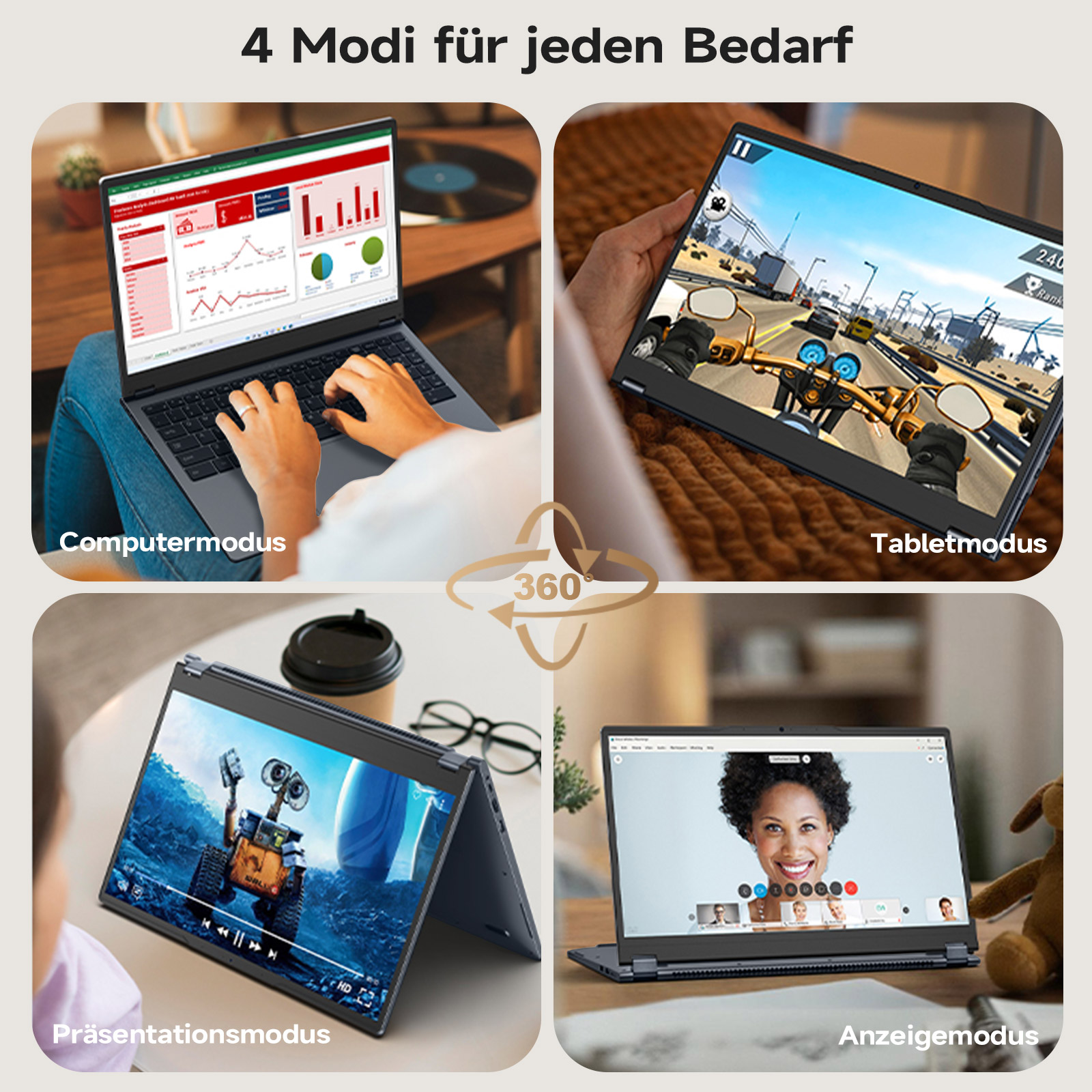 Das Bild zeigt 4 Laptop-Modi: Computer, Tablet, Präsentation und Anzeige. Jeder Modus wird mit einem Laptop in Gebrauch dargestellt.