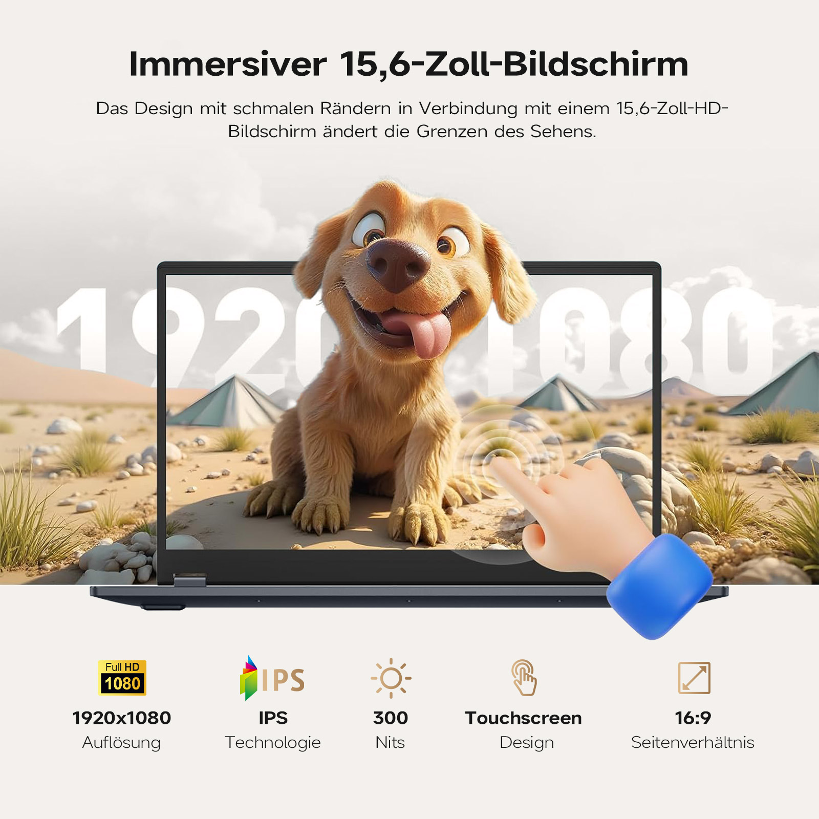 Ein Cartoon-Hund auf einem Laptop-Bildschirm, ein Finger berührt den Bildschirm. Hintergrund mit Zelten.