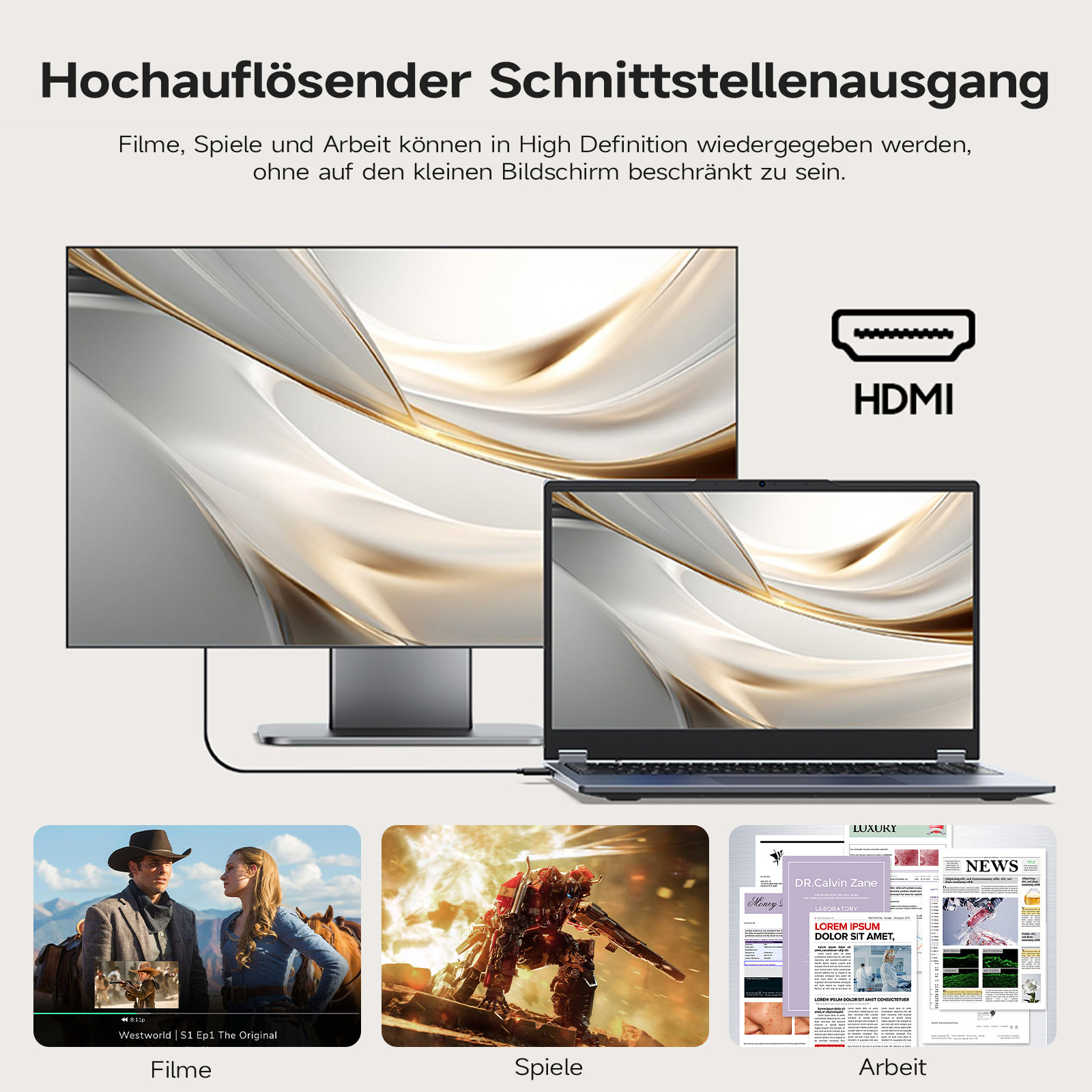 Monitor, Laptop und HDMI-Kabel. Darunter werden Bilder für Filme, Spiele und Arbeit angezeigt.