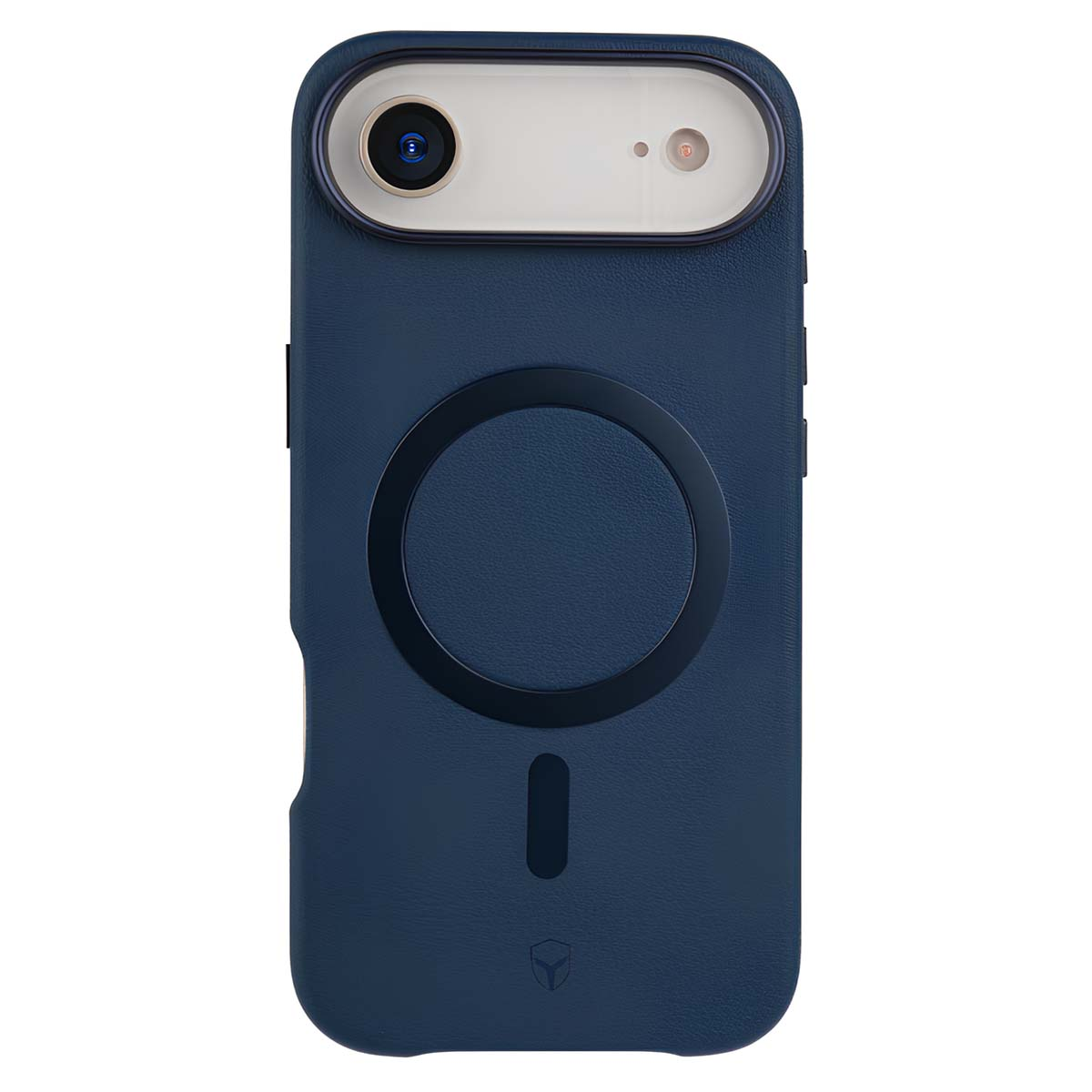 Una custodia per telefono blu scuro. Ha un ritaglio per la fotocamera in alto, un'indentazione circolare, una linea verticale e un logo in basso.