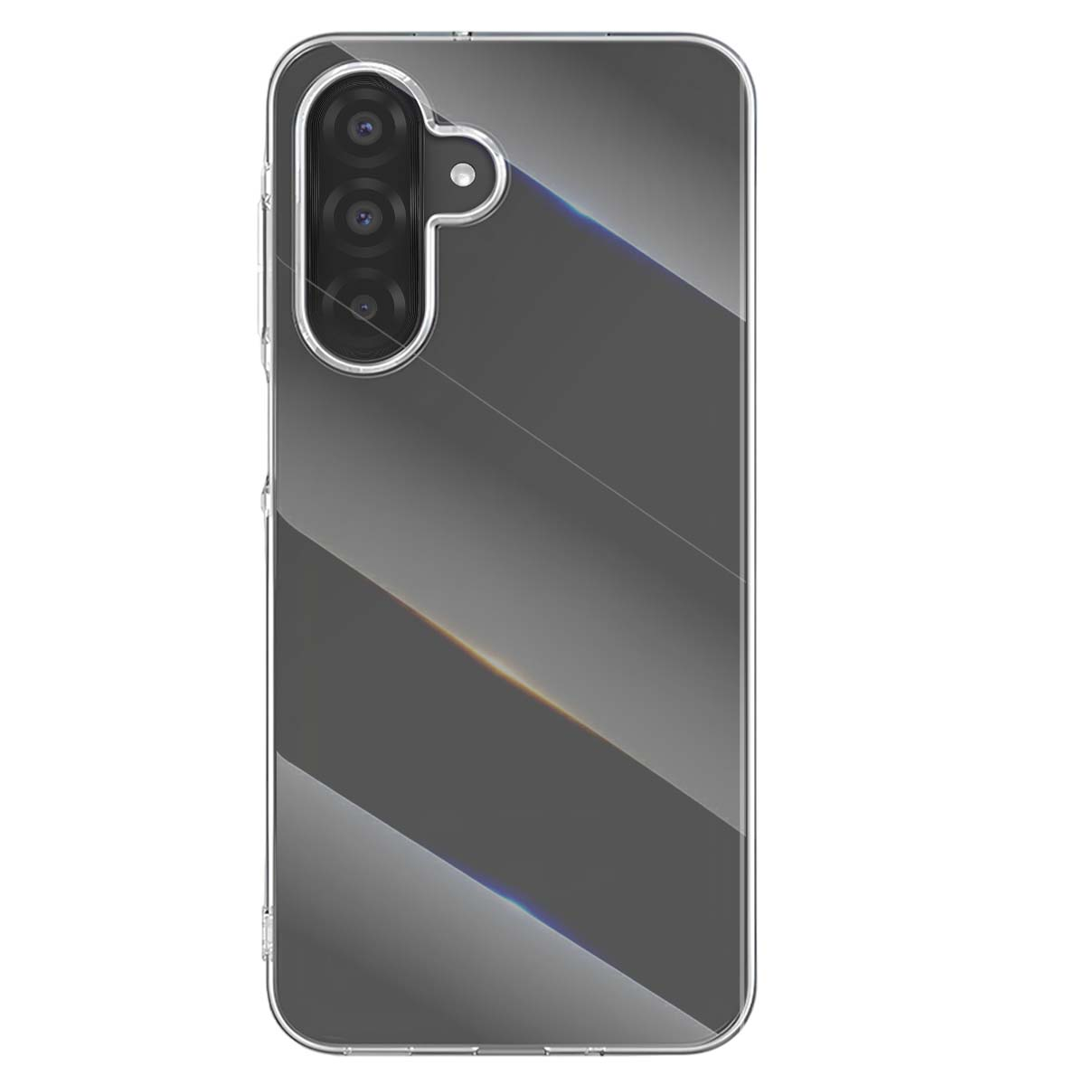 Una custodia trasparente per telefono con un ritaglio per la fotocamera. La custodia ha un design grigio sfumato e una superficie lucida.