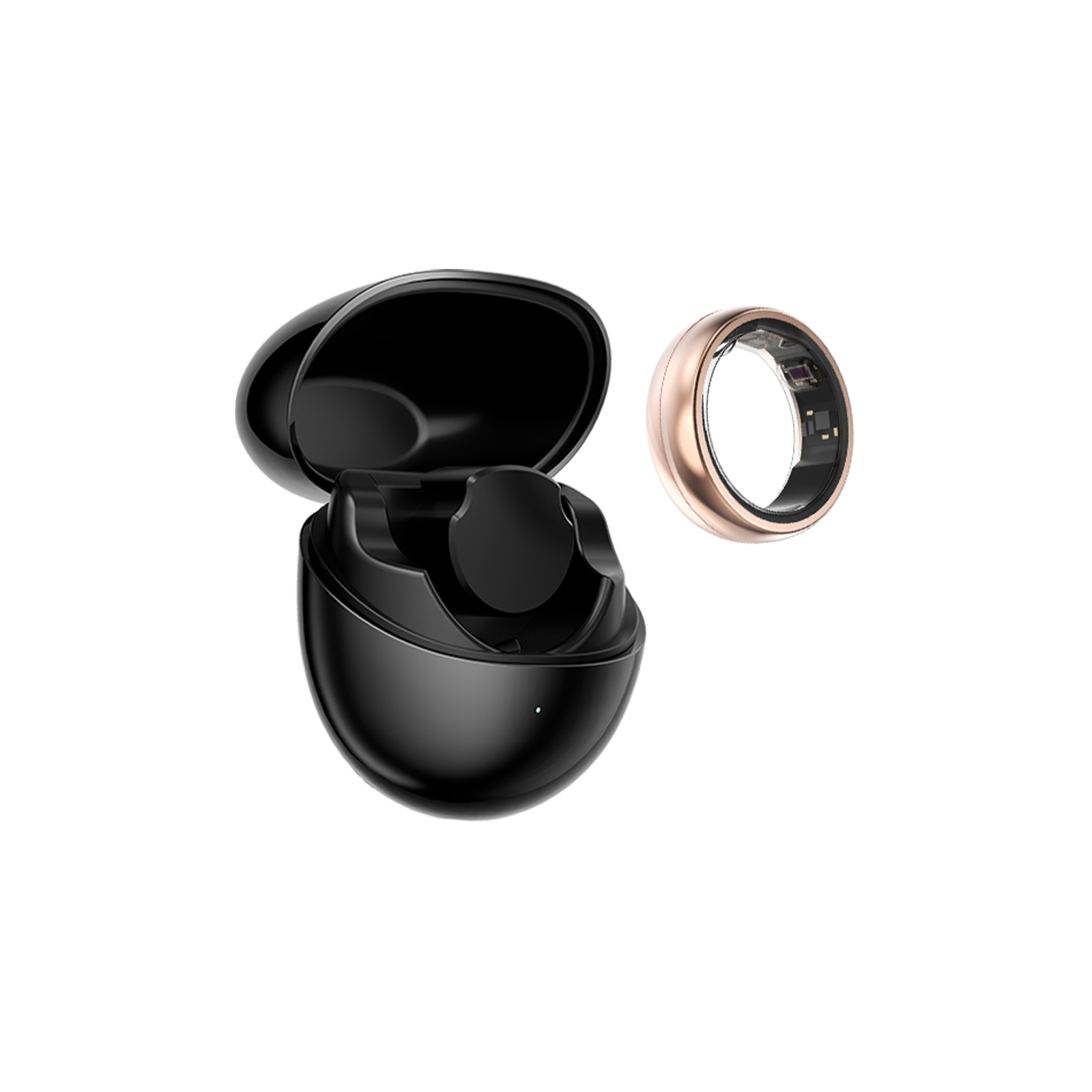 Eine offene schwarze Ladehülle mit einem roségoldenen Smartring daneben. Der Ring hat ein schwarzes Innere und Sensoren.