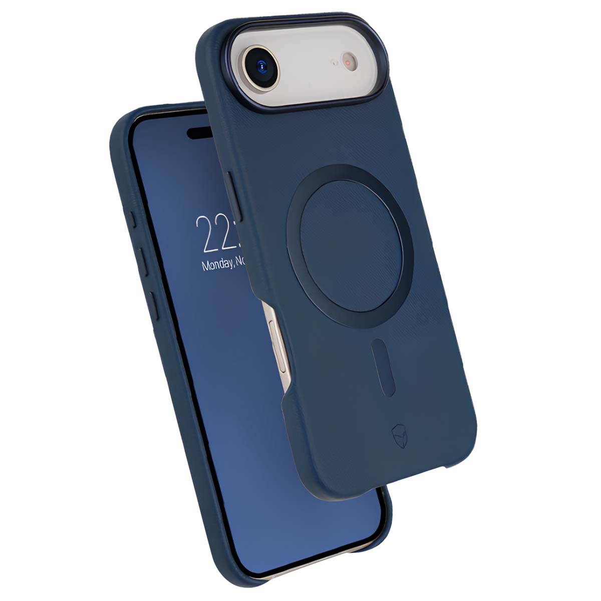 Custodia blu per telefono con telefono all'interno. La custodia ha un ritaglio circolare e un obiettivo della fotocamera. Lo schermo mostra la data.