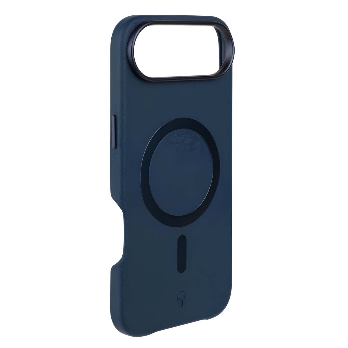 Una custodia per telefono blu scuro. Ha un ritaglio per la fotocamera, un design circolare e un ritaglio più piccolo nella parte inferiore.