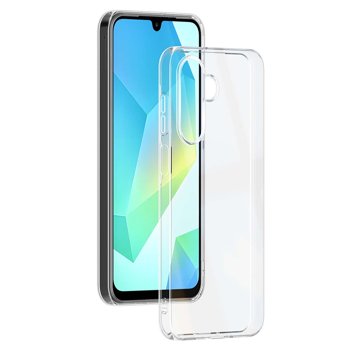 Uno smartphone con custodia trasparente su sfondo bianco. Lo schermo è blu e verde.