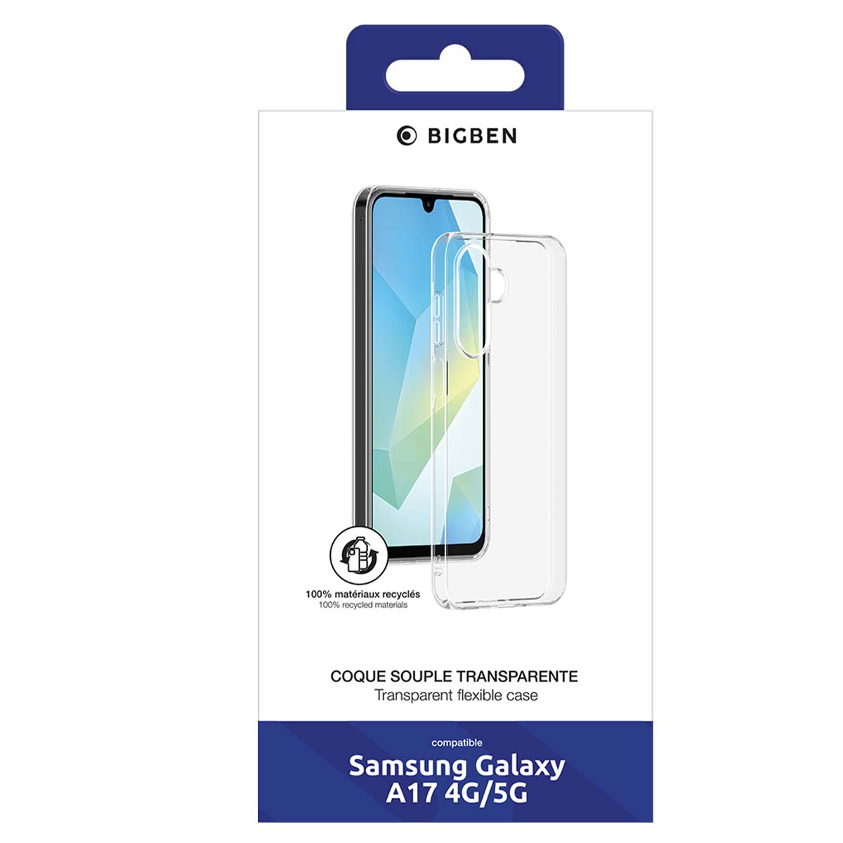 Una scatola per custodia del telefono. Un telefono è visualizzato all'interno. Testo: 'Samsung Galaxy A17 4G/5G', 'Custodia flessibile trasparente' e 'BIGBEN'.