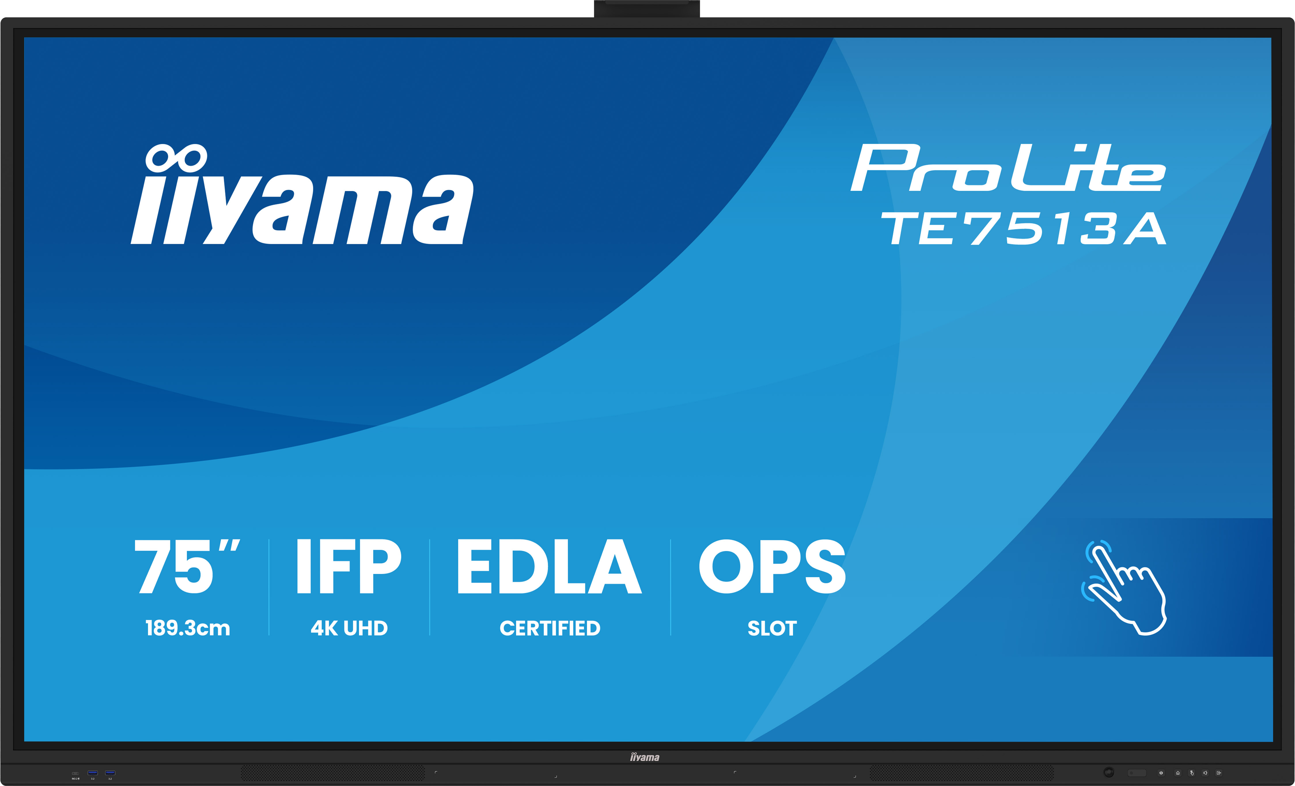 Duży ekran dotykowy iiyama ProLite TE7513A. Ma niebieskie tło z białym tekstem i ikoną dłoni.