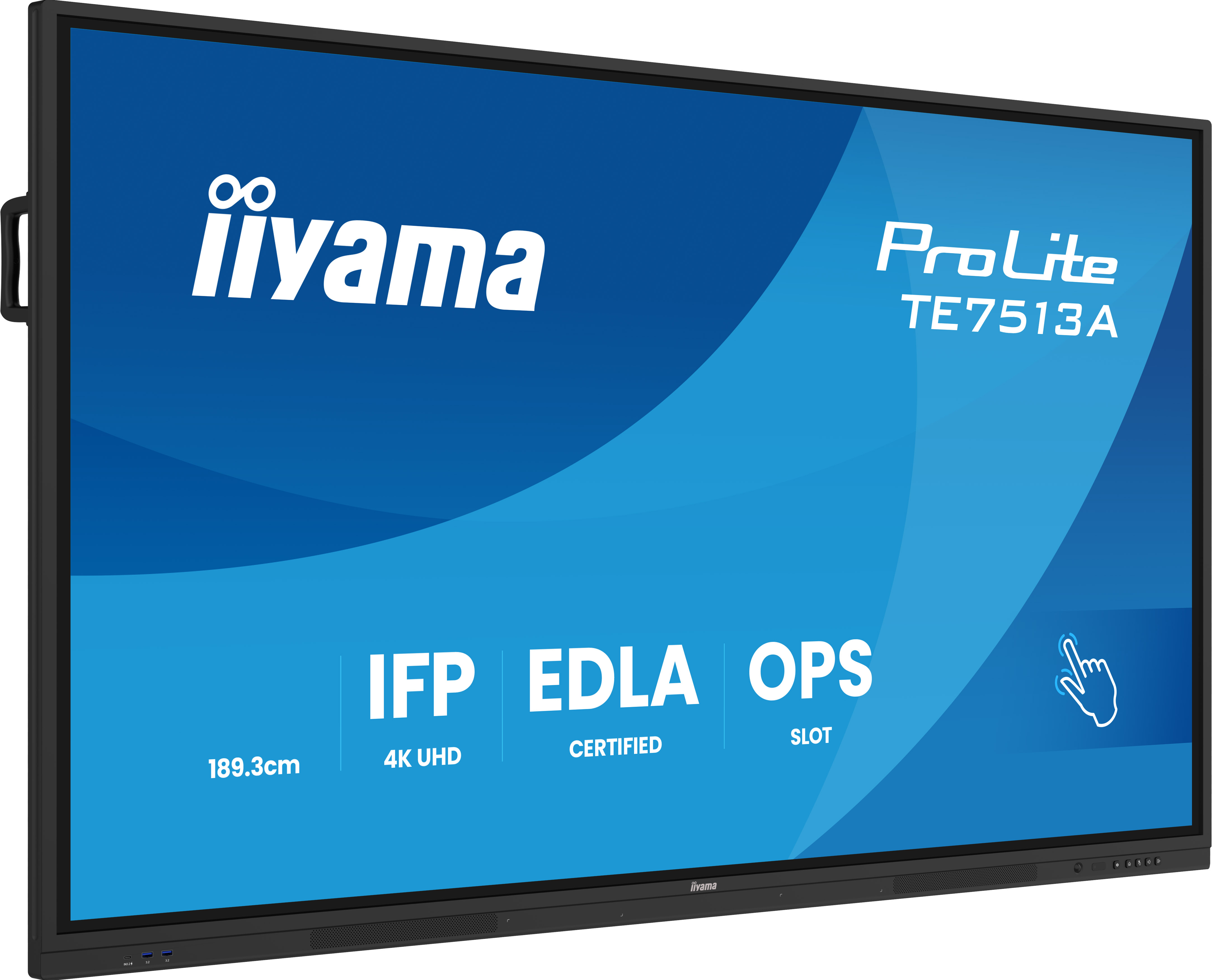 Duży czarny interaktywny panel płaski z logo iiyama, model ProLite TE7513A i funkcjami takimi jak 4K UHD i EDLA.