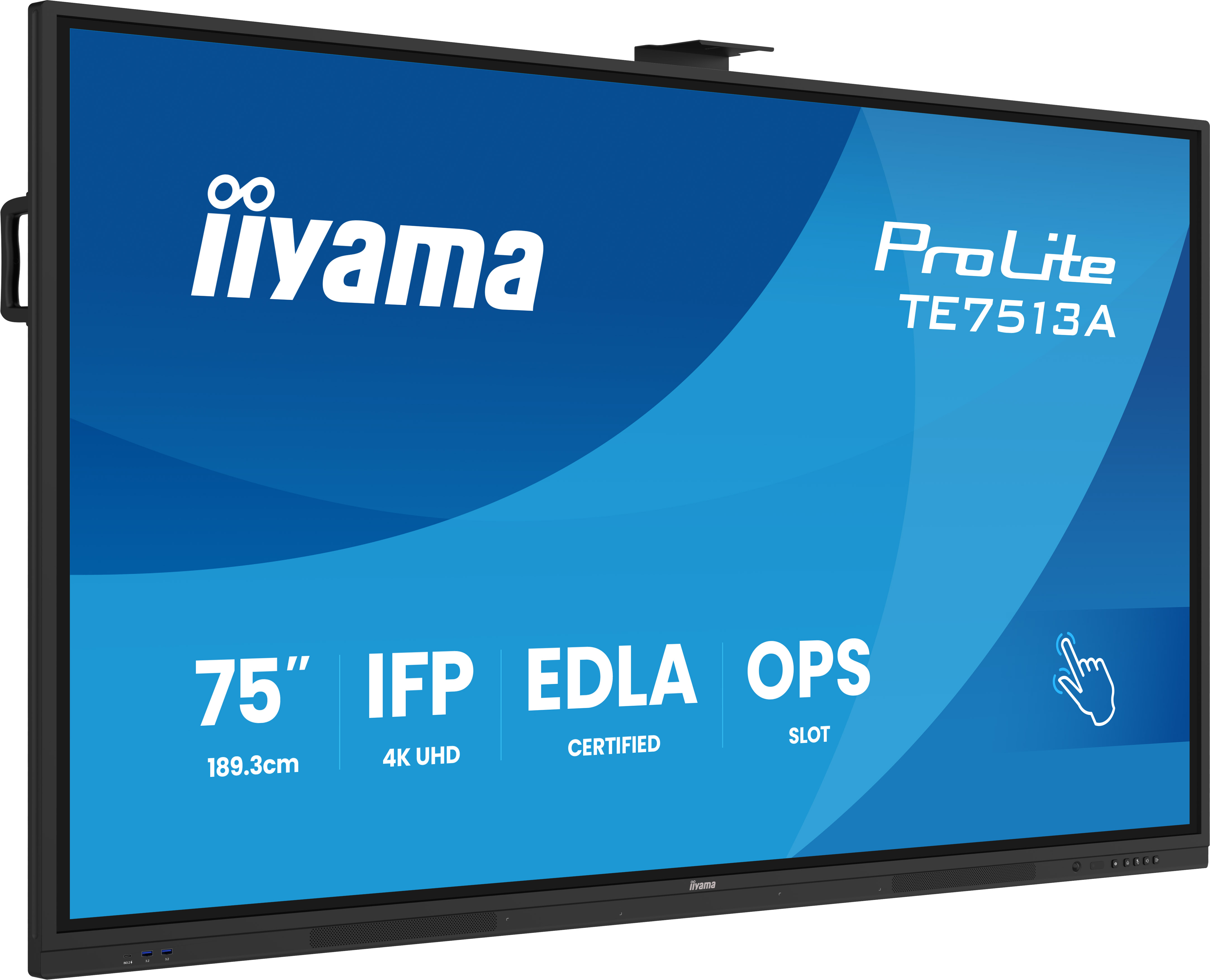 Duży, czarny interaktywny wyświetlacz iiyama ProLite TE7513A. Posiada 75" IFP, 4K UHD, certyfikat EDLA i slot OPS.