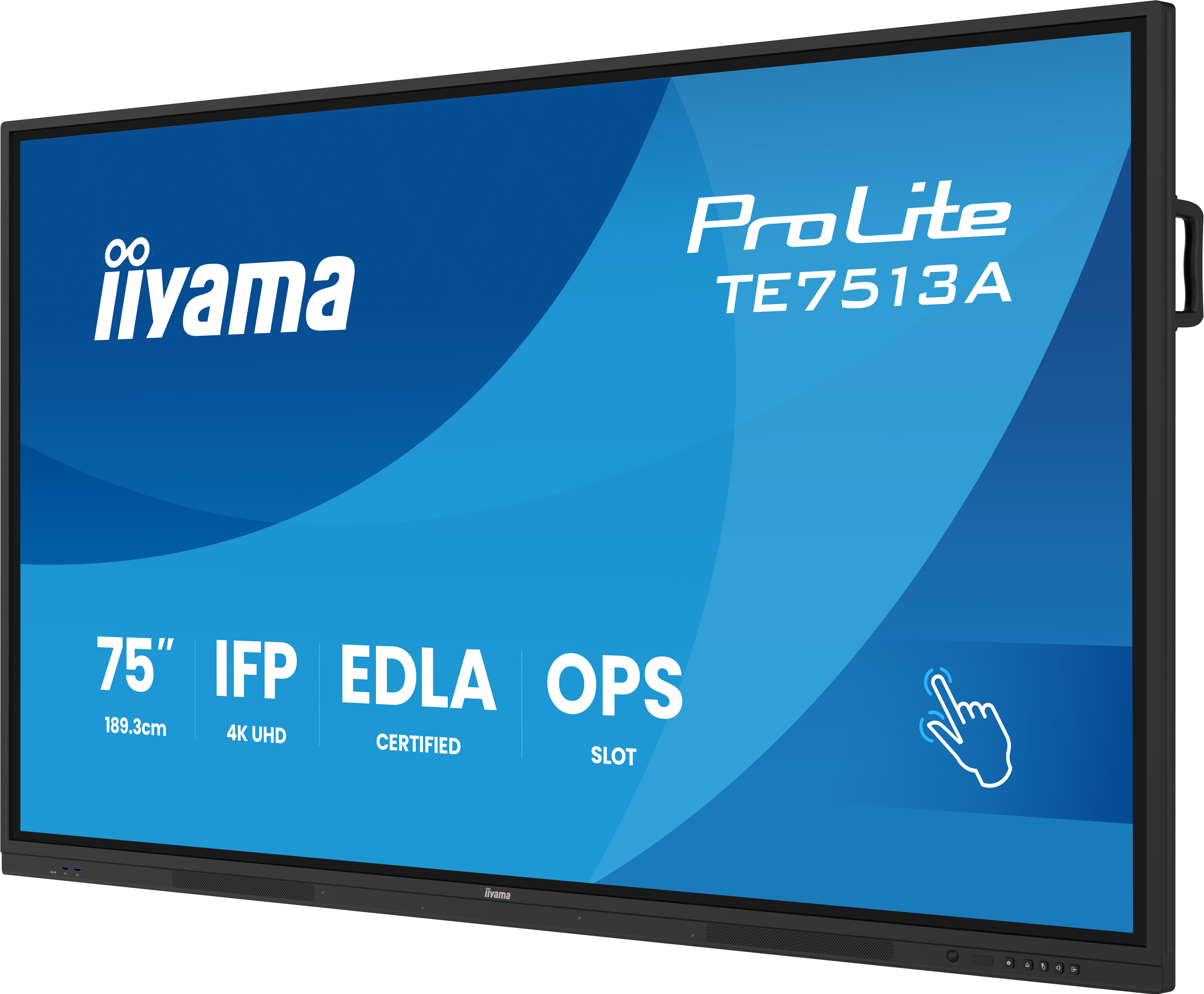 Duży, czarny interaktywny wyświetlacz Iiyama ProLite TE7513A. Pokazuje specyfikacje, takie jak 75", 4K UHD i certyfikat EDLA.