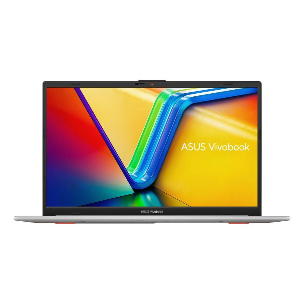 Un portátil ASUS Vivobook abierto. La pantalla muestra un diseño abstracto colorido. El portátil es plateado con el logotipo Vivobook visible.