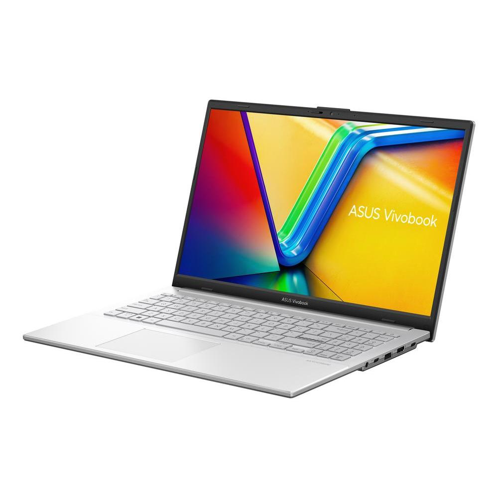 Una laptop ASUS Vivobook plateada está abierta. La pantalla muestra un diseño abstracto colorido. Se ven el teclado y el panel táctil.