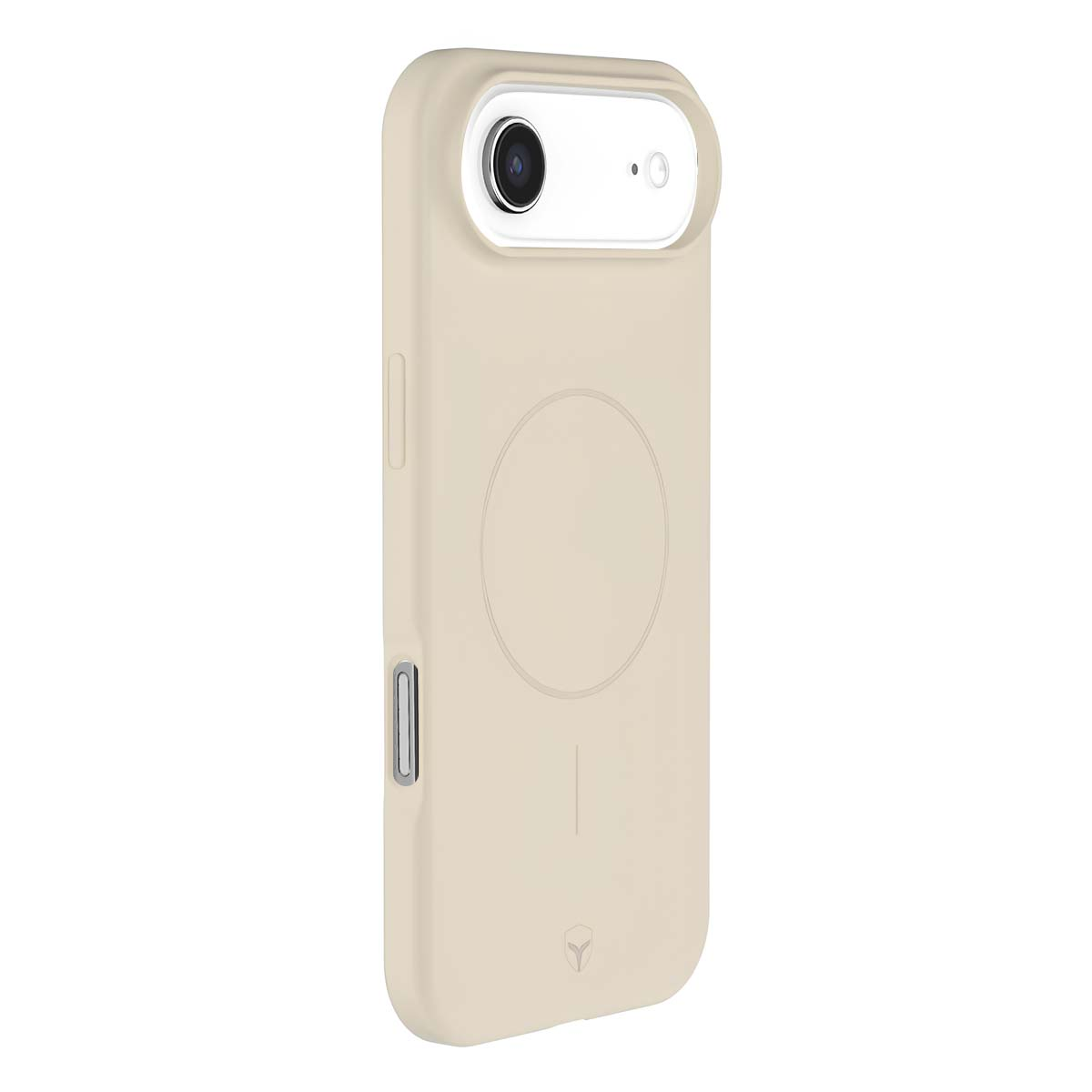 Una custodia beige per telefono con un ritaglio per la fotocamera, un design circolare e un logo in basso. Sfondo bianco.
