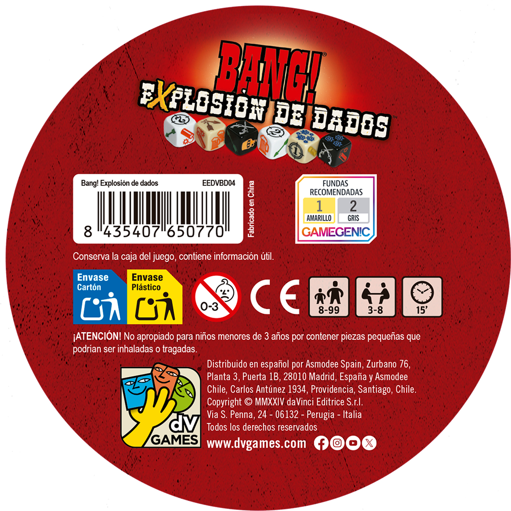 Runde Spielbox mit Würfelbildern, Text 'BANG! Explosion de dados', Barcode und Warnhinweisen.