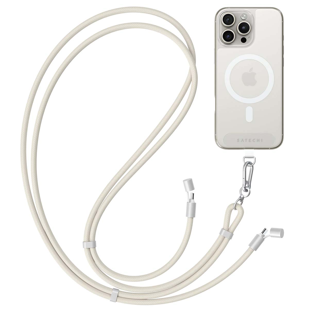 Una custodia trasparente per iPhone con un cordino. Il cordino è color crema e la custodia ha un logo Apple.