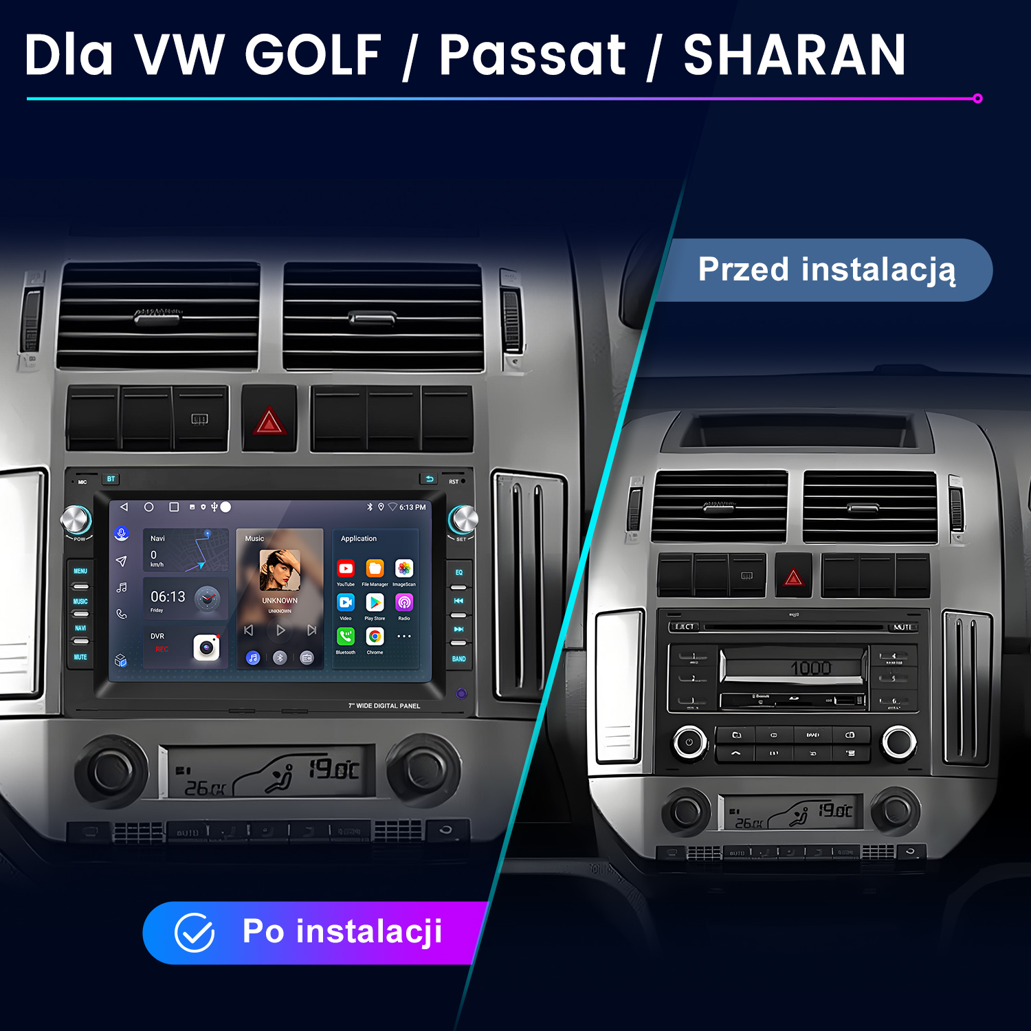 Porównanie deski rozdzielczej samochodu przed i po zainstalowaniu panelu cyfrowego, pokazujące temperaturę i elementy sterowania radiem.