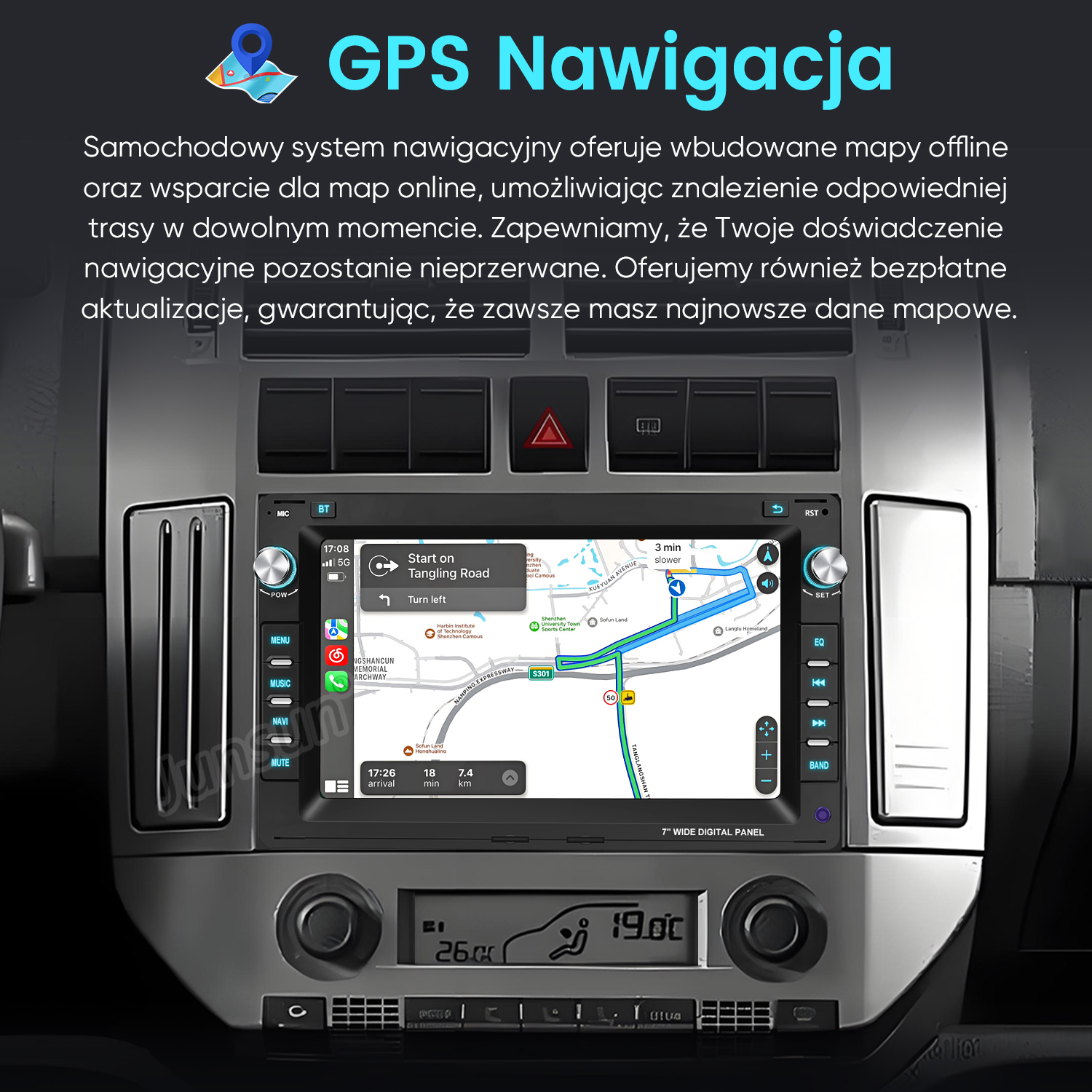 Ekran nawigacji samochodowej wyświetla mapę ze wskazówkami trasy. Ekran pokazuje nawigację GPS z różnymi przyciskami sterowania.
