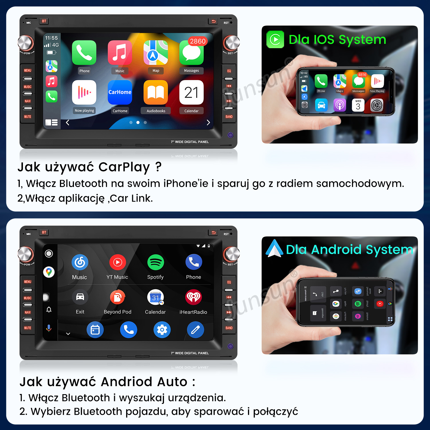 Radio samochodowe z ekranem dotykowym z ikonami aplikacji. Zawiera instrukcje CarPlay i Android Auto.