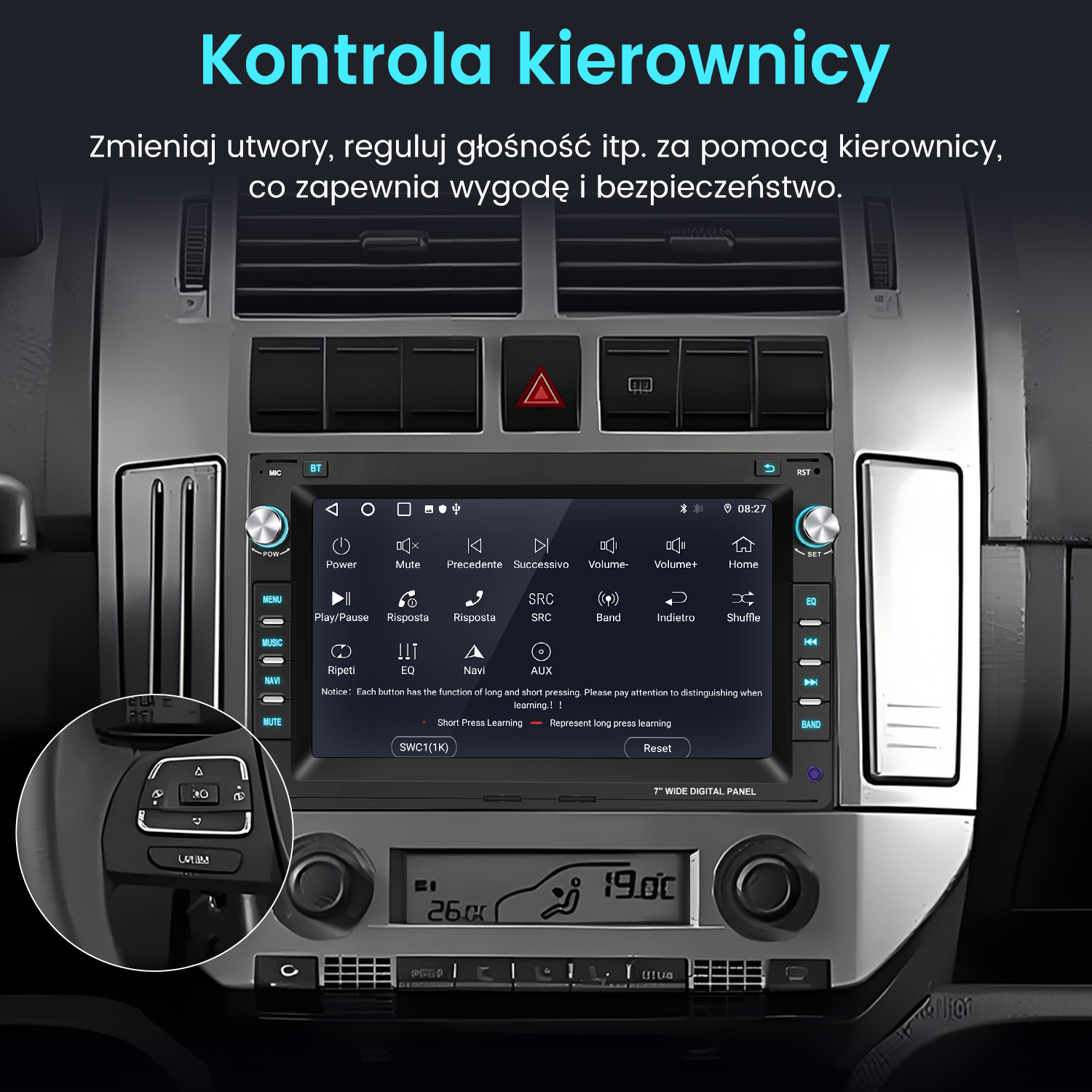 Radio samochodowe z przyciskami i ekranem. Posiada regulację głośności, przycisk Home i inne funkcje, wszystko w samochodzie.