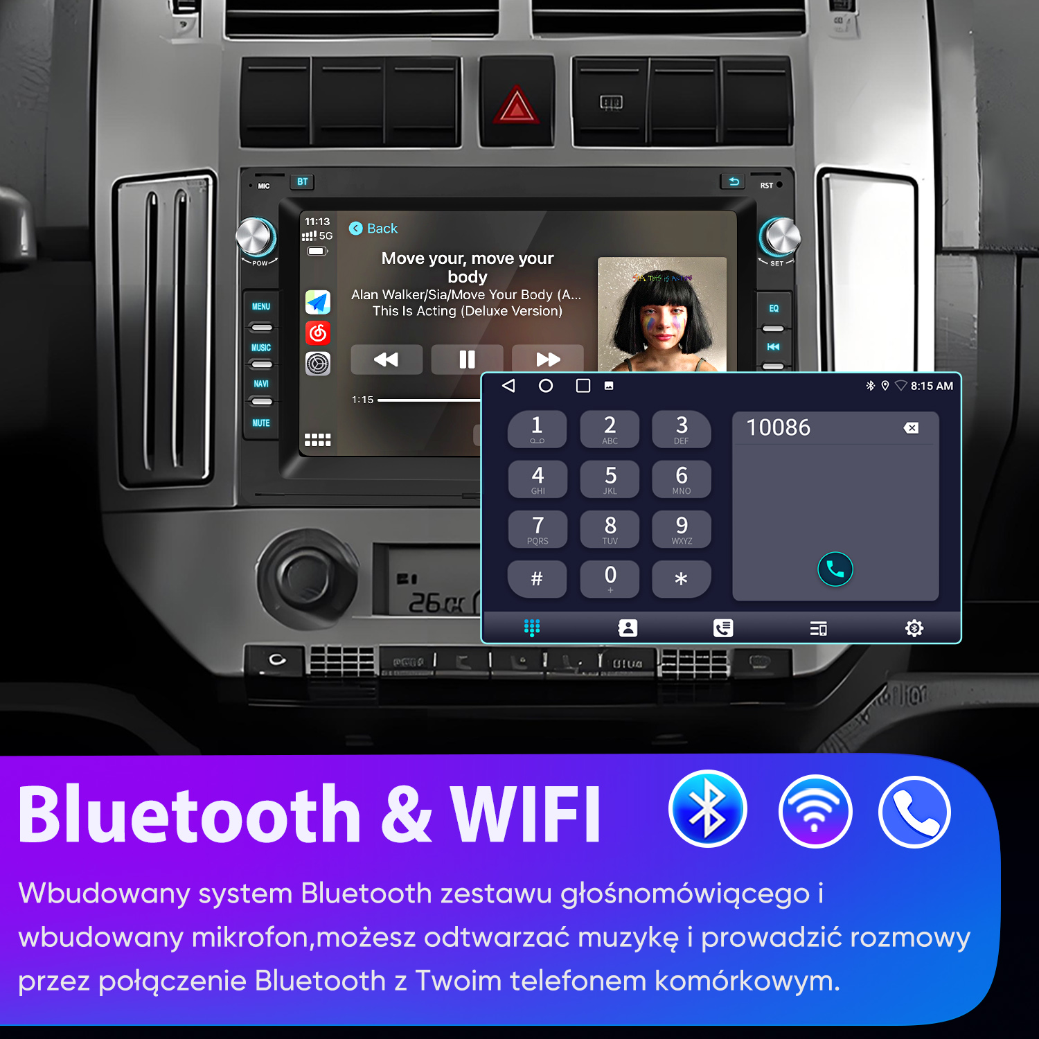 Radio samochodowe z wyświetlaczem pokazującym muzykę i dialer telefoniczny, z logo Bluetooth i Wifi poniżej.