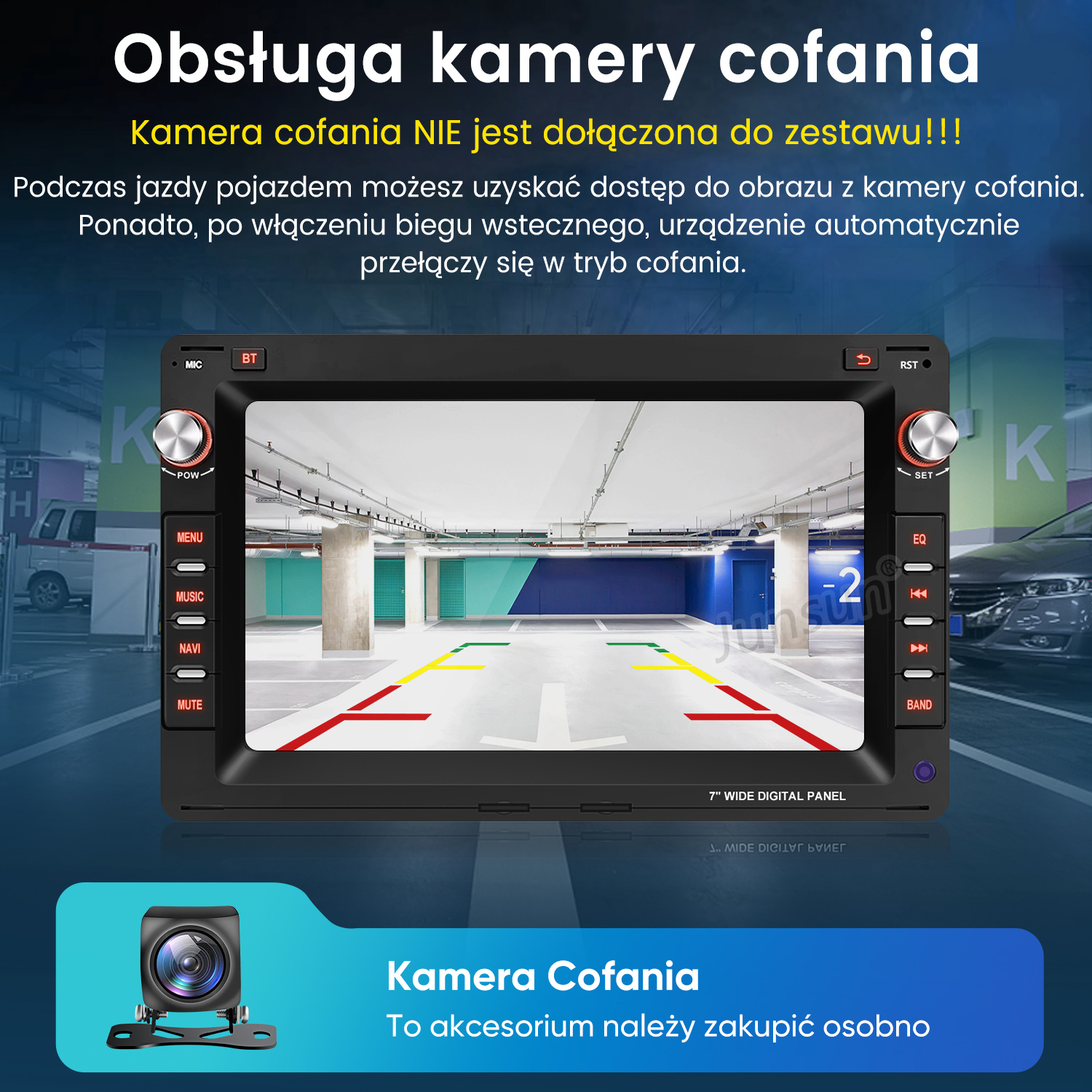 Radio samochodowe z wyświetlaczem kamery cofania, pokazujące parking. Poniżej pokazana jest kamera. Tekst po polsku.