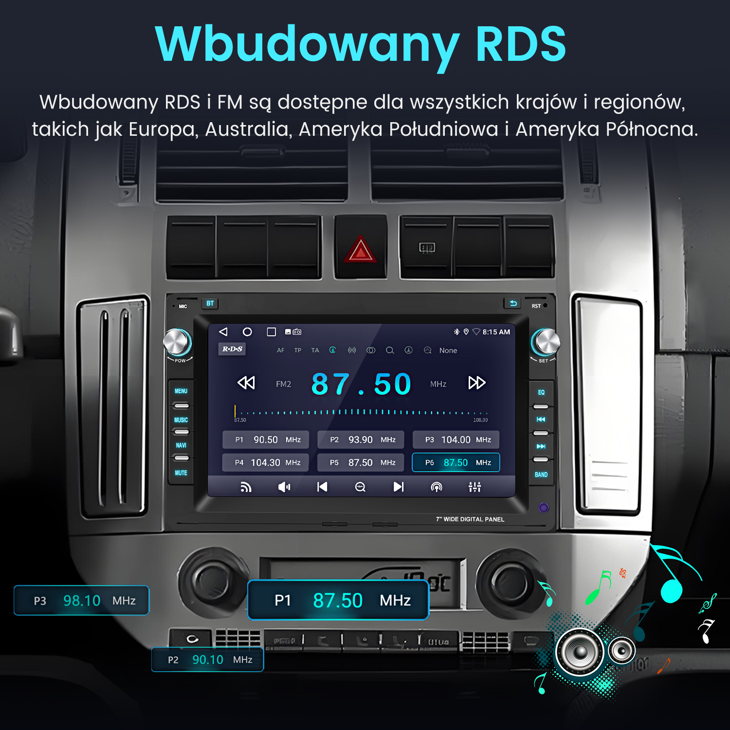 Radio samochodowe z funkcją RDS pokazujące częstotliwość FM 87,50 MHz. Tekst w języku polskim. Widoczne przyciski i ekran.