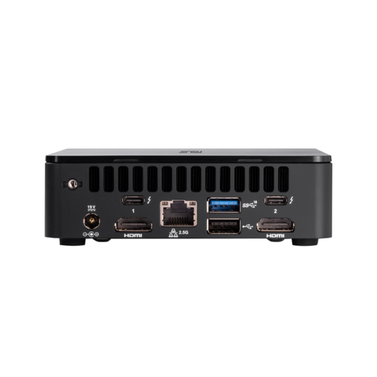 Schwarzer Mini-PC mit mehreren sichtbaren Anschlüssen. HDMI-, USB- und Stromanschlüsse sind deutlich gekennzeichnet. Das Gerät steht auf weißem Hintergrund.