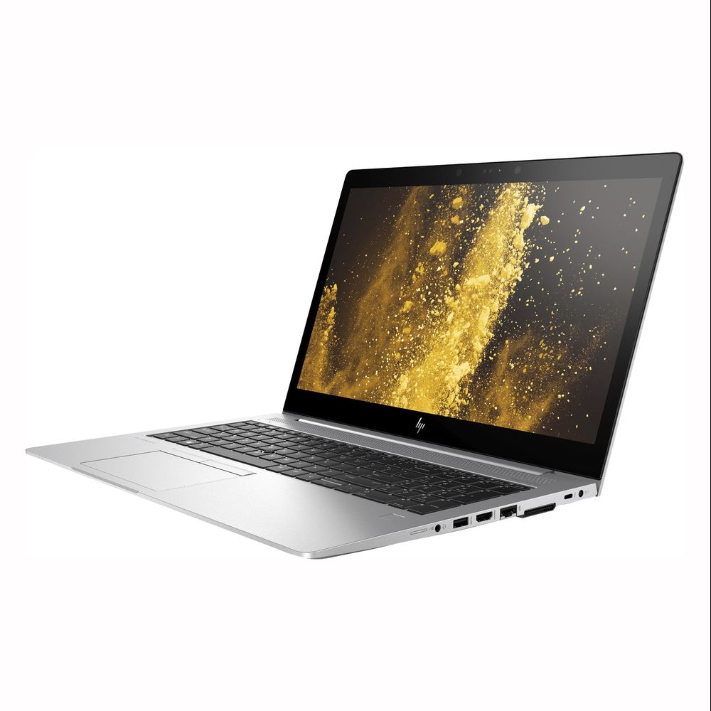 Silberner HP-Laptop geöffnet. Der Bildschirm zeigt goldene Partikel. Die Tastatur ist schwarz. Der Hintergrund ist weiß.