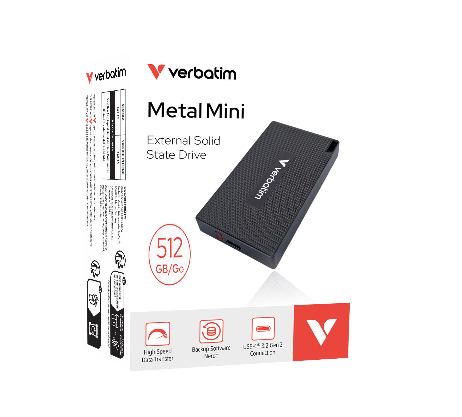 Zewnętrzny dysk SSD Verbatim Metal Mini. Czarny, z czerwonym okręgiem wskazującym 512 GB/Go.