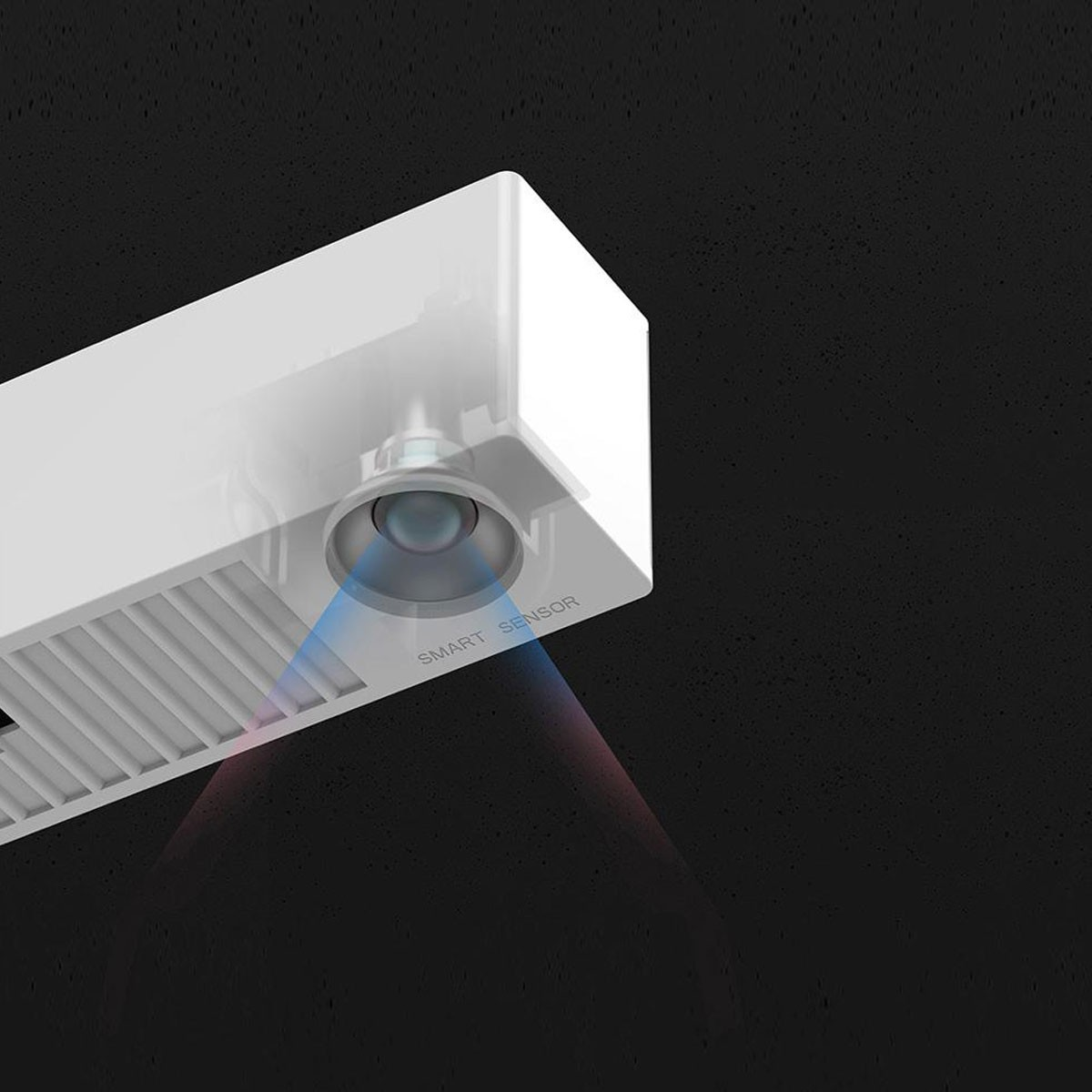 Białe inteligentne urządzenie z czujnikiem i obiektywem. Niebieskie i czerwone wiązki światła wychodzą z obiektywu. Tło jest ciemne i teksturowane.