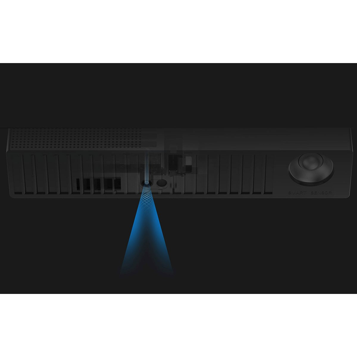 Czarny inteligentny czujnik z niebieską wiązką wychodzącą z niego. Słowo SMART SENSOR jest napisane na urządzeniu.