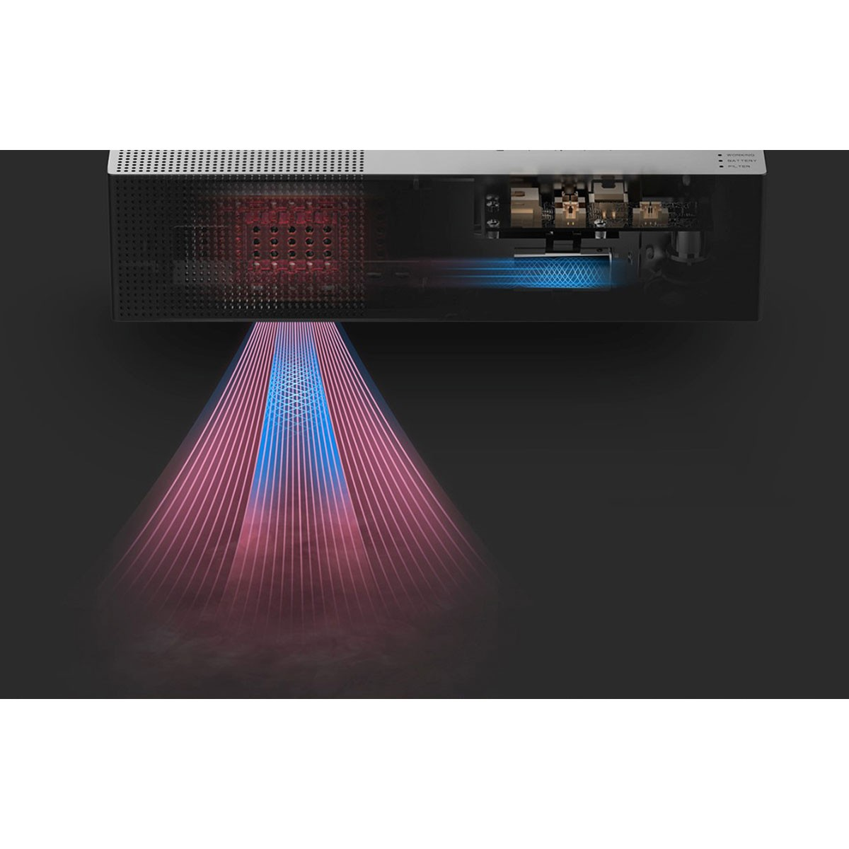 Urządzenie pokazuje wewnętrzne komponenty z czerwonymi i niebieskimi wiązkami światła emitującymi w dół. Tło jest ciemnoszare.