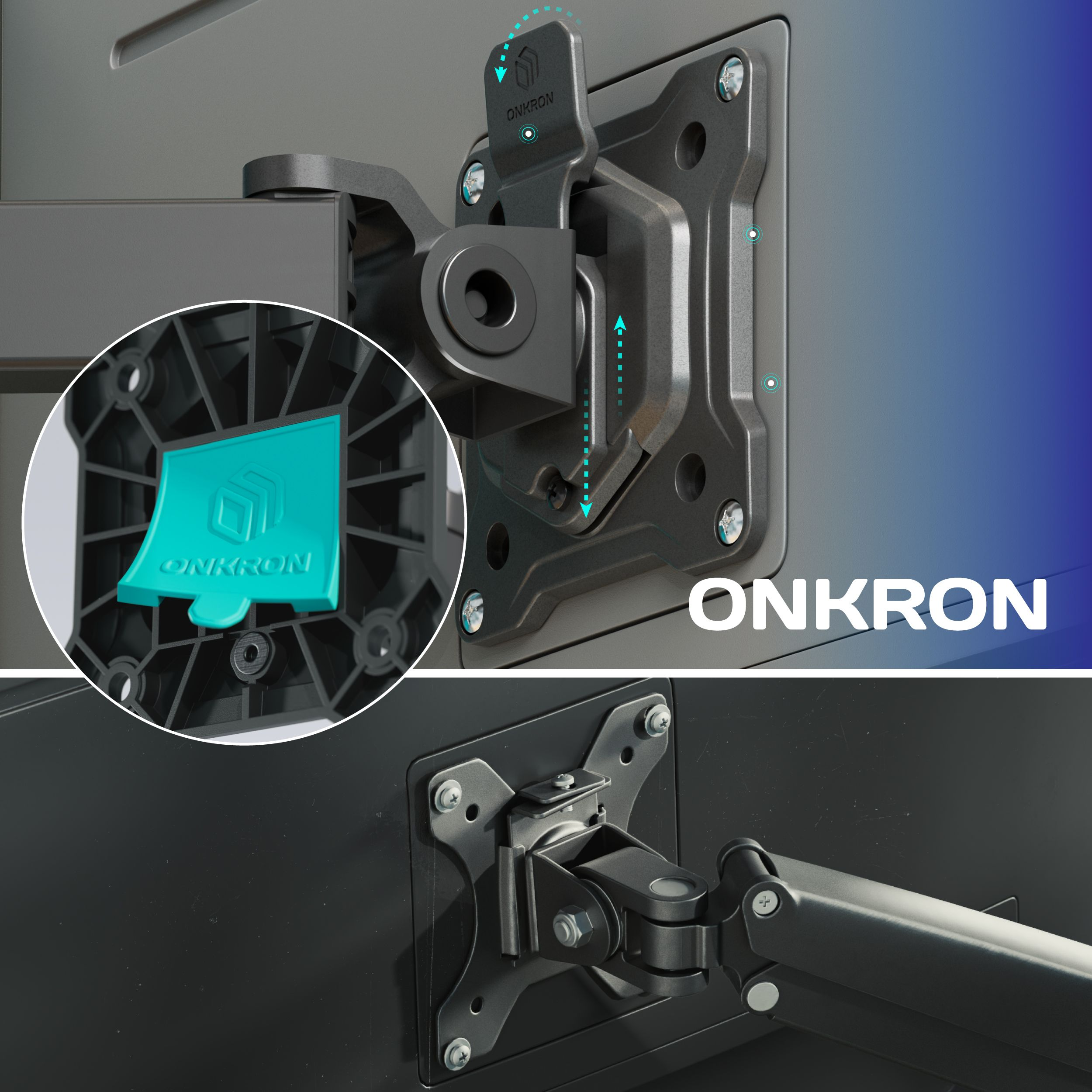 Primo piano di un supporto per monitor nero con logo ONKRON. Mostra diverse parti, colori blu e grigio.