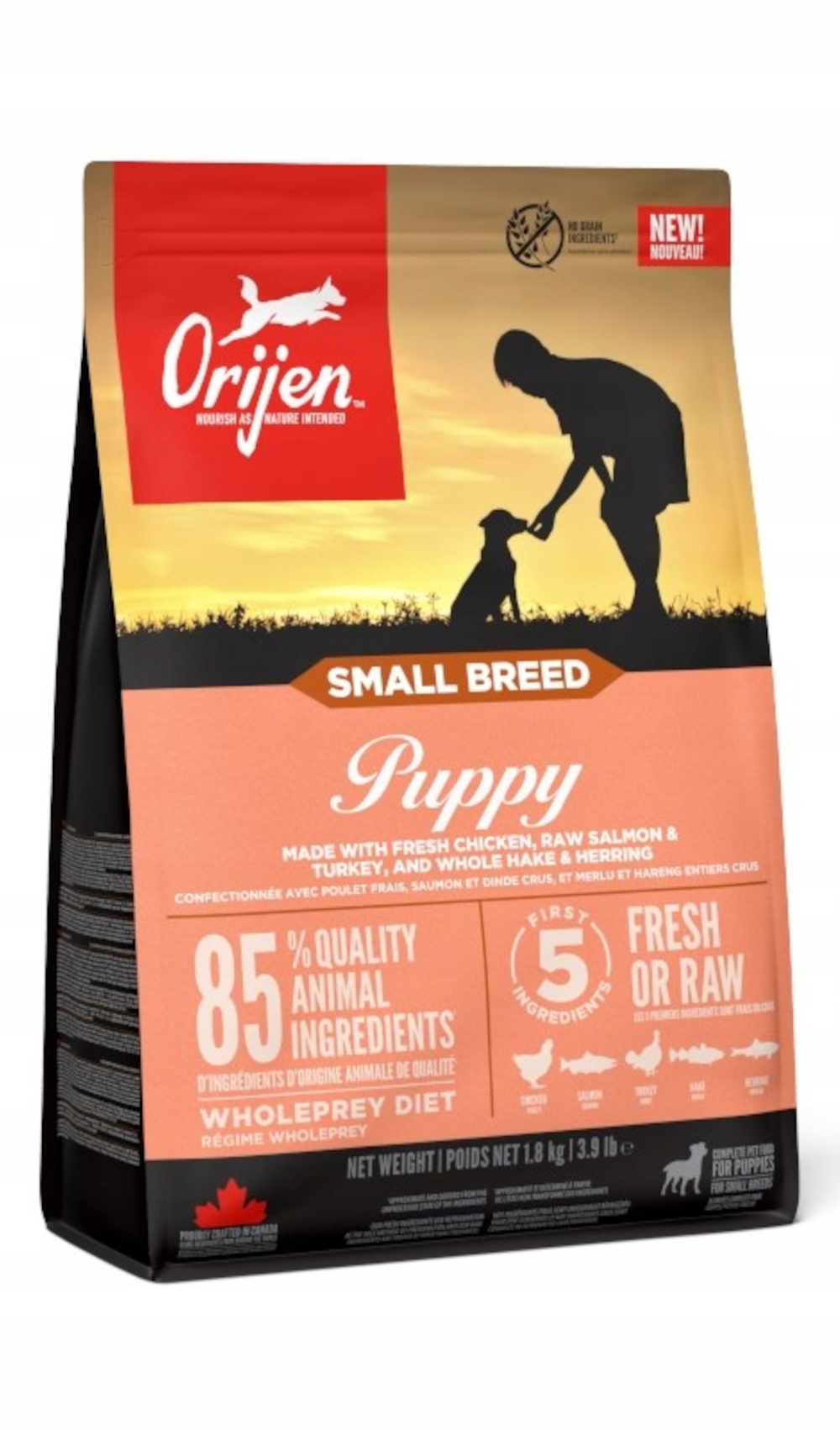 Torba z karmą dla psów z sylwetką szczeniaka i osoby. Tekst zawiera 'Small Breed Puppy', '85% Quality Animal Ingredients'.