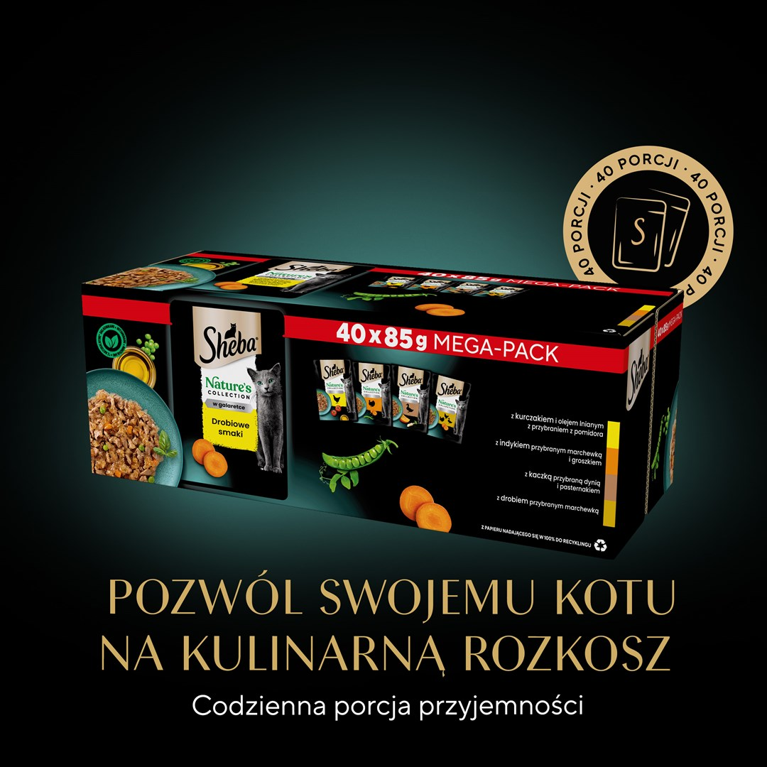 Wyświetlane jest pudełko karmy dla kotów Sheba z różnymi smakami. Tekst mówi: 'Pozwól swojemu kotu na kulinarne rozkosze'. Pudełko zawiera saszetki.