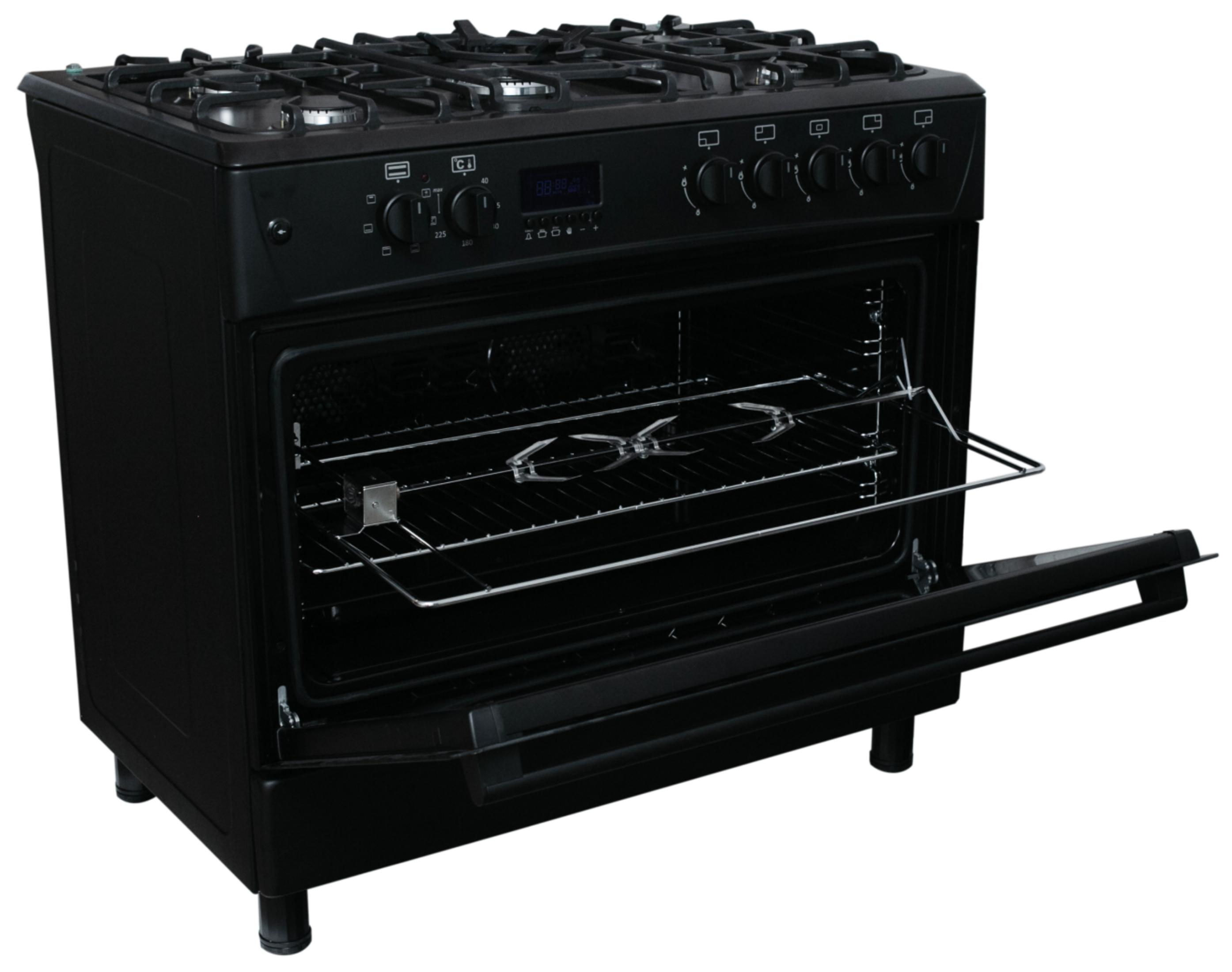 Un forno nero con la porta aperta, che mostra l'interno con le griglie.