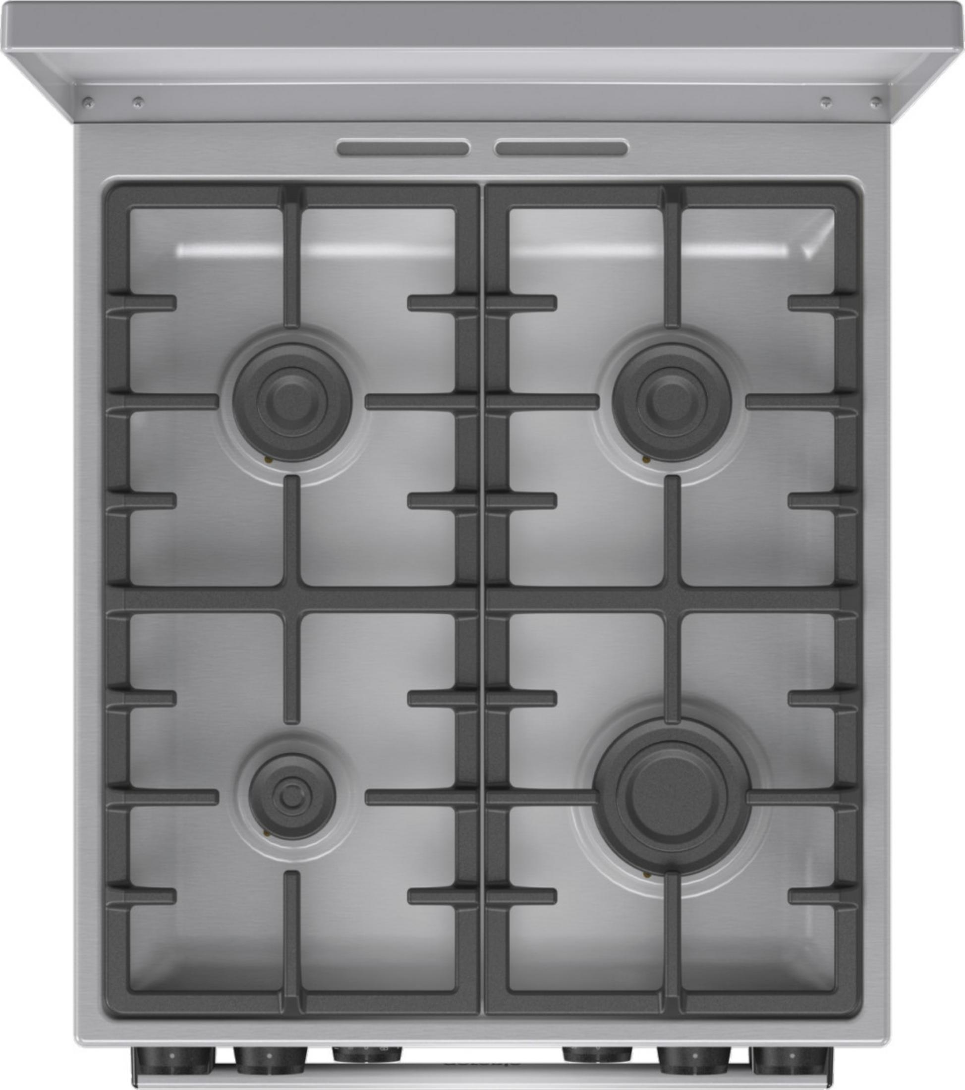 Un piano cottura in acciaio inox con quattro fuochi. Griglie e elementi bruciatore grigio scuro visibili. Forma rettangolare.